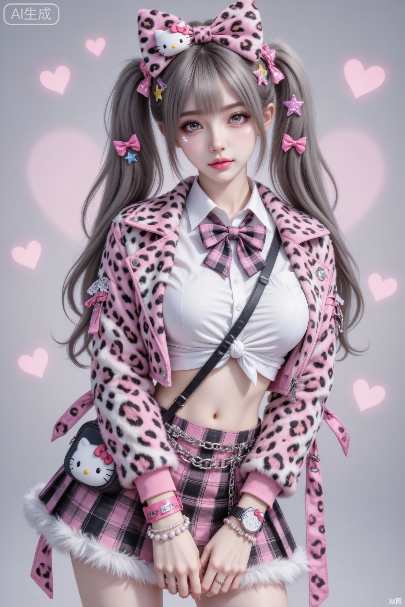 杰作级画质,顶级图像精度,超高清细节渲染,单人女性角色,（黑色亮丽的长发：1.4）,（比例优越的纤细长腿：1.3）,（肌肤白皙光滑的匀称美腿：1.4）,（挺拔饱满的D 罩杯曲线：1.4）,（精致立体的美颜五官：1.4）,美颜全开,光滑油亮的皮肤,水嫩的肌肤,,傲人身材,C-cup,一个女孩,
超细腻,超写实,一位美女绝美眼睛,清纯可爱,冷白皮,水光肌,皮肤超白水嫩,眼睛看向镜头,眼睛魅惑,眼神璀璨,虹膜有光泽,眼睛周围有布灵布灵的细闪。背景点缀着朦胧的粉色爱心光斑,整体光线柔和,呈现出梦幻的氛围感。美女有着蓬松的浅棕灰色双马尾长发,头顶戴着一个超大的粉白豹纹蝴蝶结发饰,上面别着Hello Kitty小装饰,发丝间还点缀着粉色小蝴蝶结和星星发夹。她的表情慵懒又带着一丝清冷,唇色粉嫩,姿态放松地背着Hello Kitty卡通斜挎包。上身穿着一件短款白色翻领衬衫,衣角打结露出纤细腰肢,领口系着粉黑格纹的蝴蝶结领结；下身搭配粉黑格纹的百褶裙,裙边有毛绒和蕾丝装饰,腰间挂着银色链条配饰。一件粉白豹纹机能短款风外套,版型宽松,带有可拆卸的飘带设计,营造出随性的酷感。手腕上戴着粉色手环、珍珠手链,还有Hello Kitty手表,美女身体微微前倾,双手自然交叠垂于身前小腹位置,手肘轻轻向内收拢。整体造型融合了日系原宿辣妹的风格,色彩以粉、白、灰为主,笔触细腻柔和,营造出叛逆的视觉效果。随机角度。