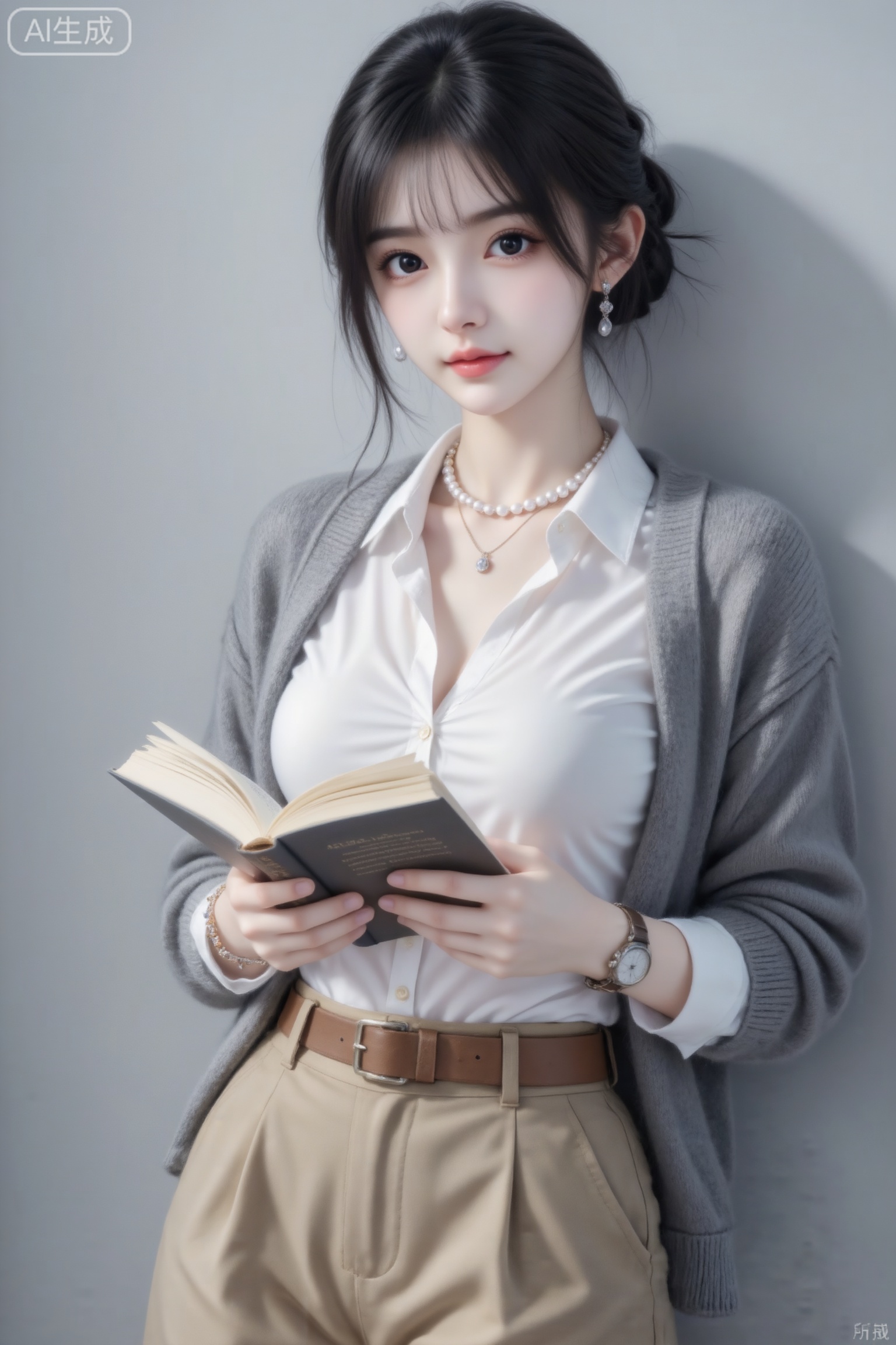 杰作级画质,顶级图像精度,超高清细节渲染,单人女性角色,（黑色亮丽的长发：1.4）,（比例优越的纤细长腿：1.3）,（肌肤白皙光滑的匀称美腿：1.4）,（挺拔饱满的D 罩杯曲线：1.4）,（精致立体的美颜五官：1.4）,美颜全开,光滑油亮的皮肤,水嫩的肌肤,,傲人身材,C-cup,一个女孩,
真实摄影,黑色头发（盘起）,佩戴耳饰、珍珠项链、手表,身穿白色衬衫（外搭灰色针织披肩）、卡其色阔腿裤（搭配棕色腰带）,手持翻开的书籍,倚靠在浅灰色墙面,整体风格知性、优雅,充满文艺阅读的氛围感,随手一拍的快照效果,仿佛不经意间拍下的照片,主体是19岁超高颜值甜妹美少女。几缕碎发增添灵动气质,真人,以写真摄影风格为画面基调,冷白皮。完美精致脸型,超绝下颌线,运用动态视角营造出充满故事感且带有恋爱少女心氛围的场景,高级氛围感。自然黑瞳,明眸大眼,妆容精致,纯欲风,清新脱俗,仿佛会说话的眼睛,极简项链、绝美双眼,面部楚楚动人,瓜子脸,桃花眼,随机表情。清新自然妆容,令人惊艳的构图,甜美,软萌,元气,微距特写,满脸幸福感,摆拍,自然灵动,idol感,青春洋溢,独树一帜的美,白月光初恋脸,卖萌,甜御感,精致手链,（电影级面光：1.6）,（光线追踪：1.5）,（冷白皮漫感质感的光滑皮肤：1.7）,（人物有最好的骨相：1.2）,（网感脸：1.6）,（网感妆：1.6）身材完美,莫兰迪配色,高颜值网红,INS风,幼态脸,19岁女生尖下巴,三庭五眼比例均衡,S形完美身材,细腻陶瓷水嫩肌肤,偏冷白皮,随机的妆容,随机的饰品,随机的动作,侧光,发丝轻飘,凌乱,随机角度拍摄,总体有很多的不确定性,但又好看