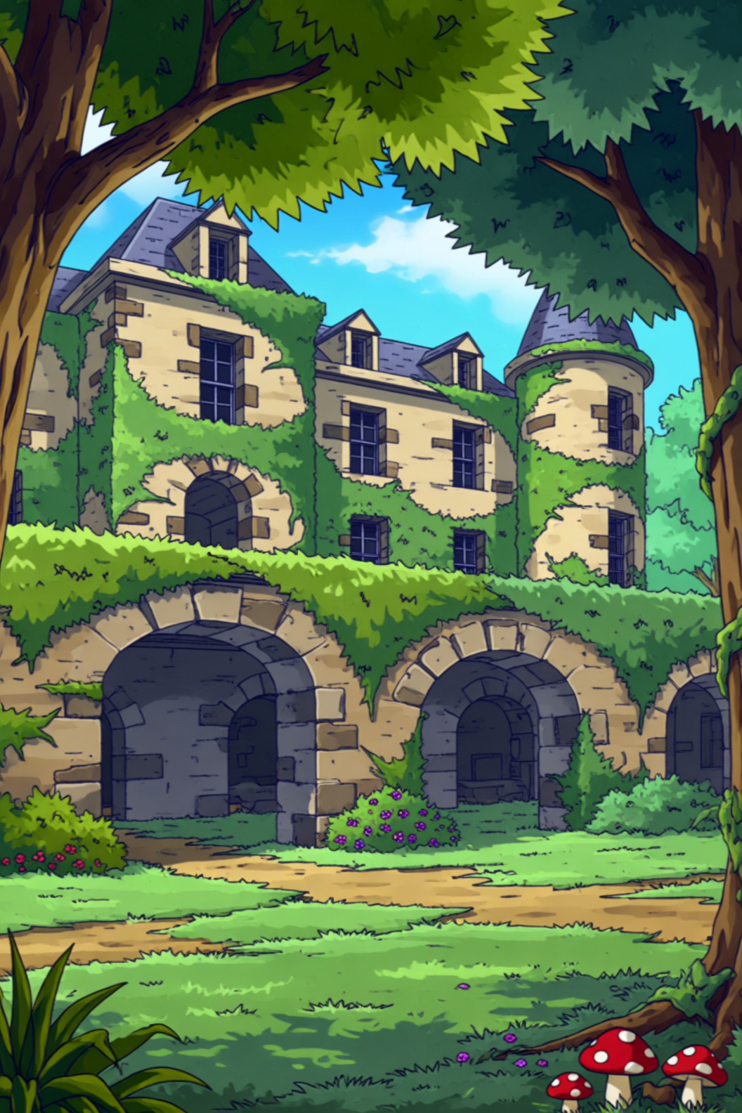 a cartoon style image of an old,  abandoned French château surrounded by lush greenery and a serene atmosphere. The buildi...