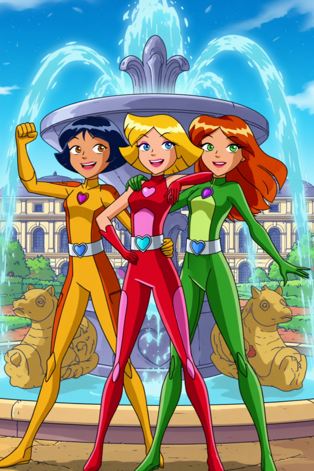 **Main Subjects:** The cartoon style image features three animated young women posing cheerfully together. They are the ma...