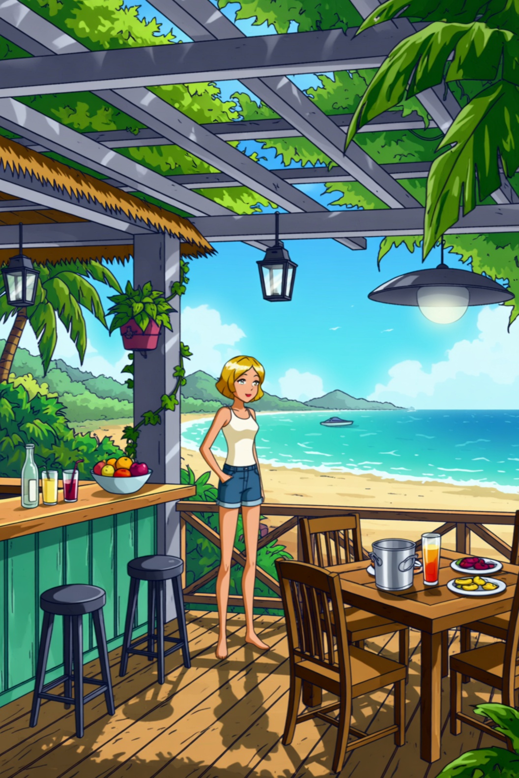 This cartoon style image displays a semi-outdoor wooden deck structure overlooking a beach and ocean scene. **The Structur...