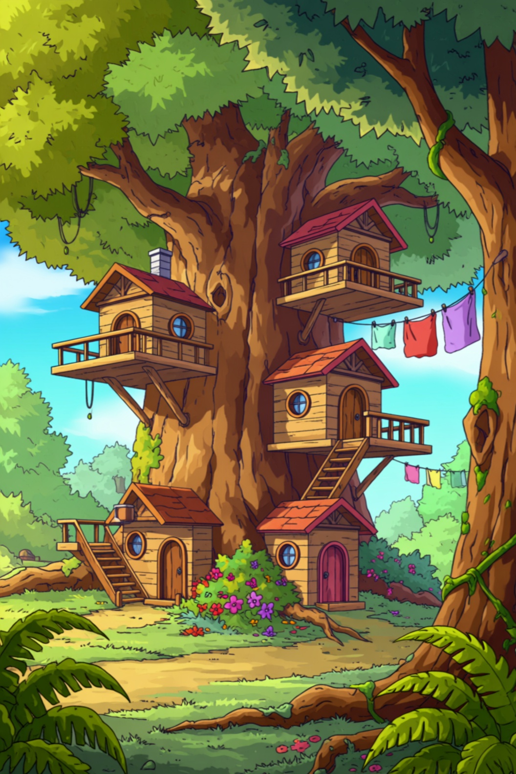 a cartoon style image of multiple cozy houses are built within the sprawling trunk of a colossal tree. The tree’s massive...