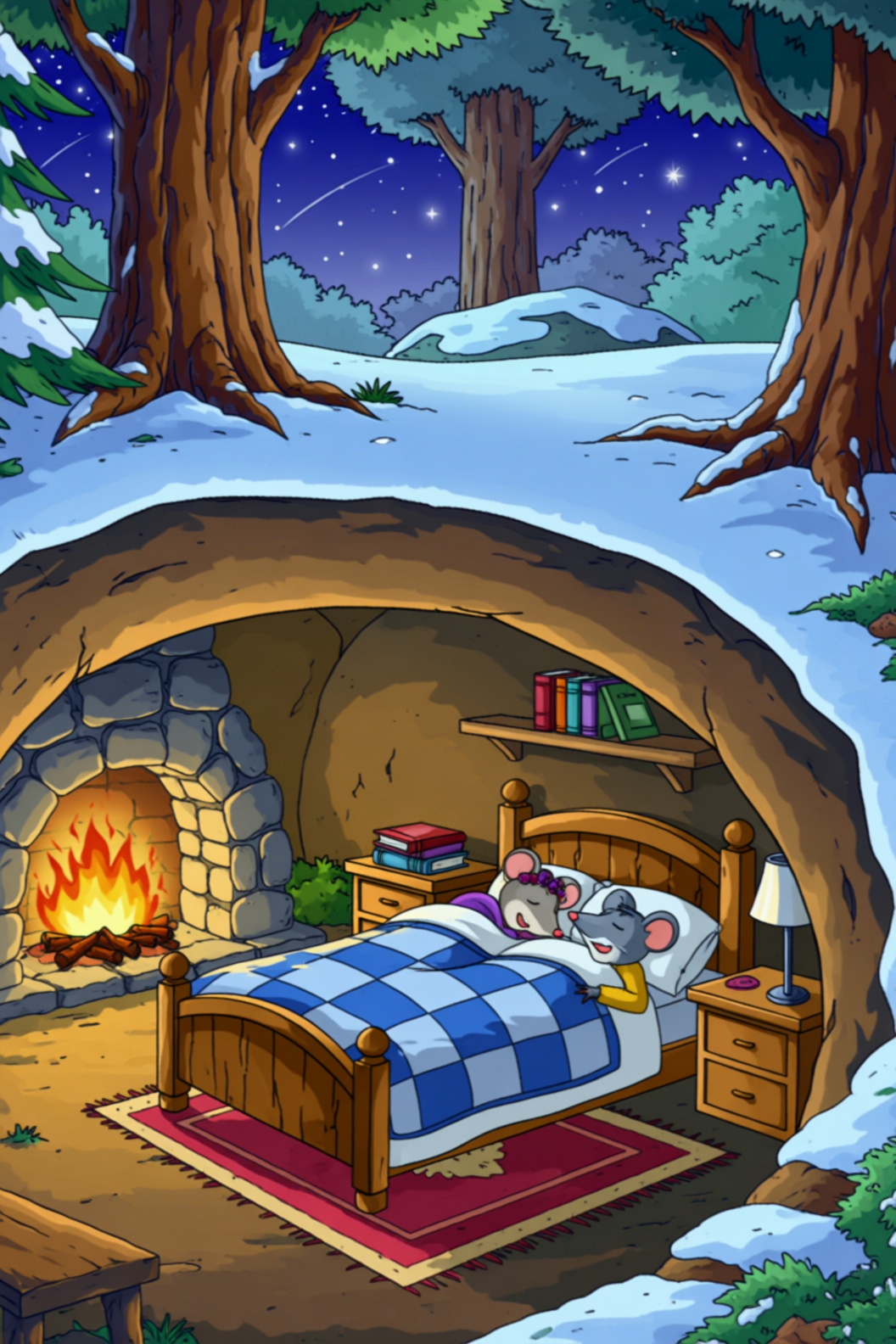 a cartoon style image a cozy underground scene featuring a couple of married mice sleeping peacefully in a wooden bed,  co...