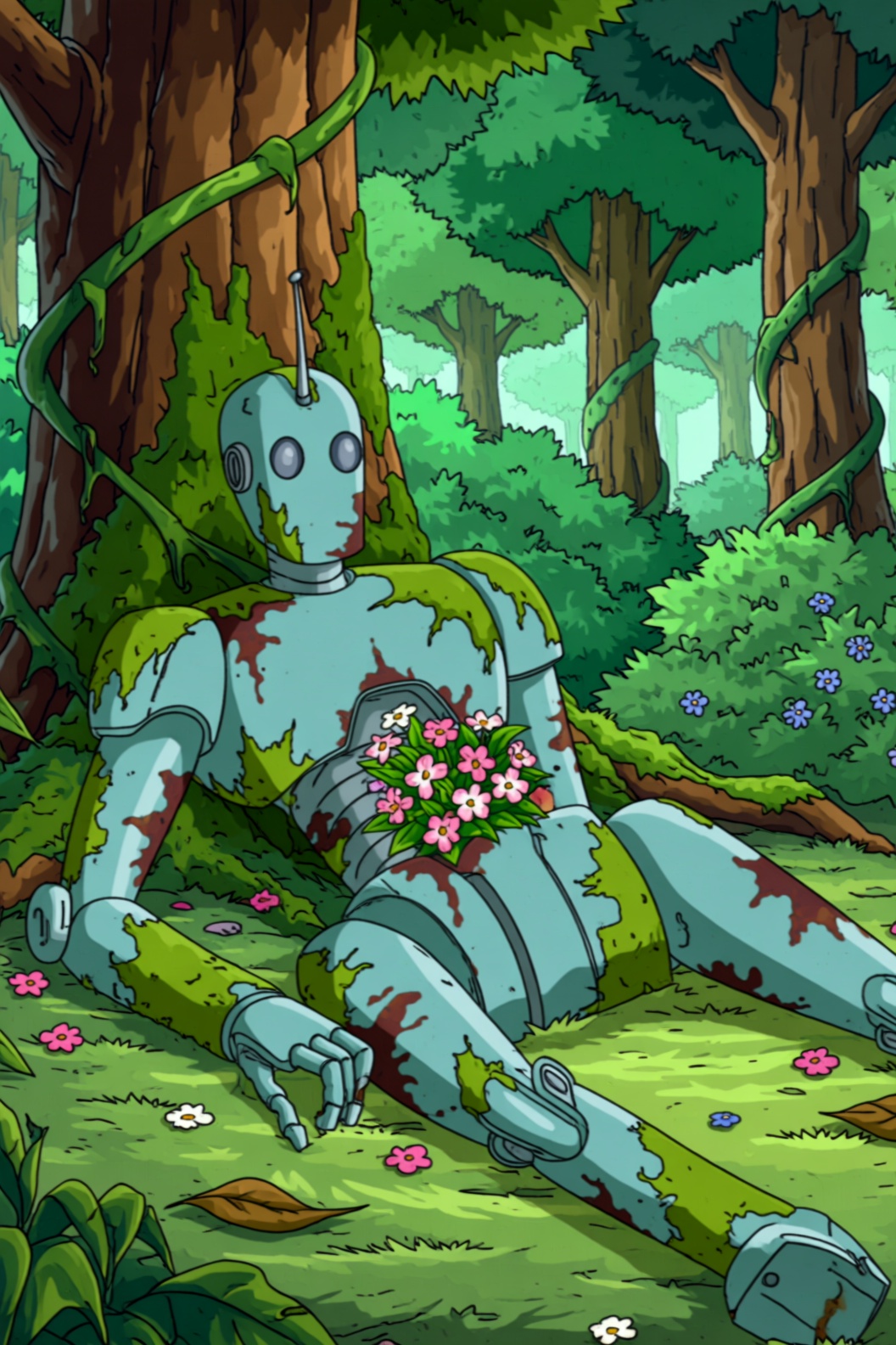 This cartoon style image depicts a long-abandoned,  light blue-green inanimated robot lying in a lush,  overgrown forest....