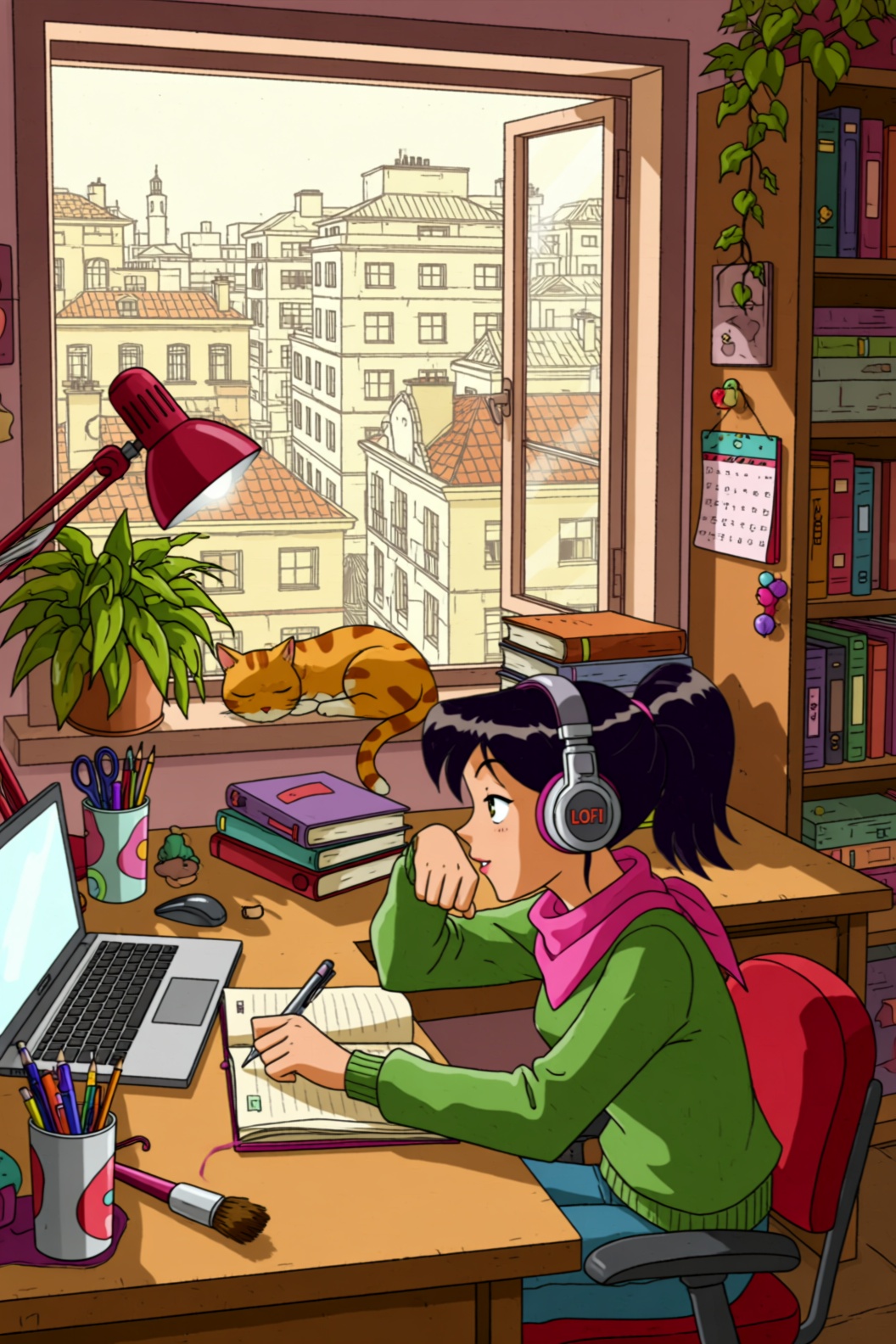 a cartoon style image of a student girl,  seated at a wooden desk positioned directly in front of a large window,  leaning...