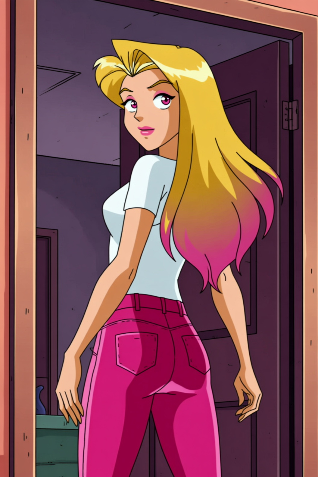 cartoon style image of a young woman with long,  flowing blonde hair transitioning into pink at the ends. She is dressed i...