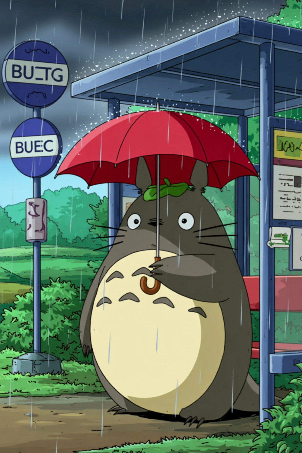 a cartoon style image of Totoro holding a red umbrella under an heavy rain at a bus stop in the countryside. on Tensor.Art