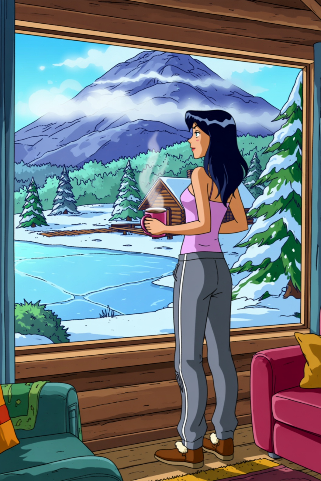 a cartoon style image of a woman in her twenties standing by a large window in a cozy cabin living room. She is wearing ma...