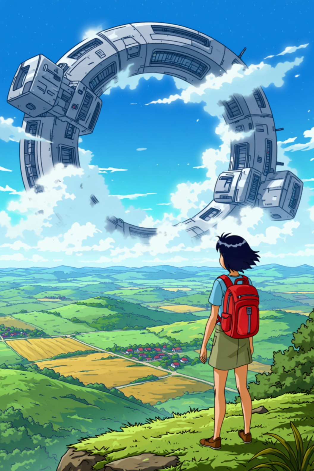 cartoon style image of a breathtaking scene where technology and nature converge under a clear blue sky. In the foreground...