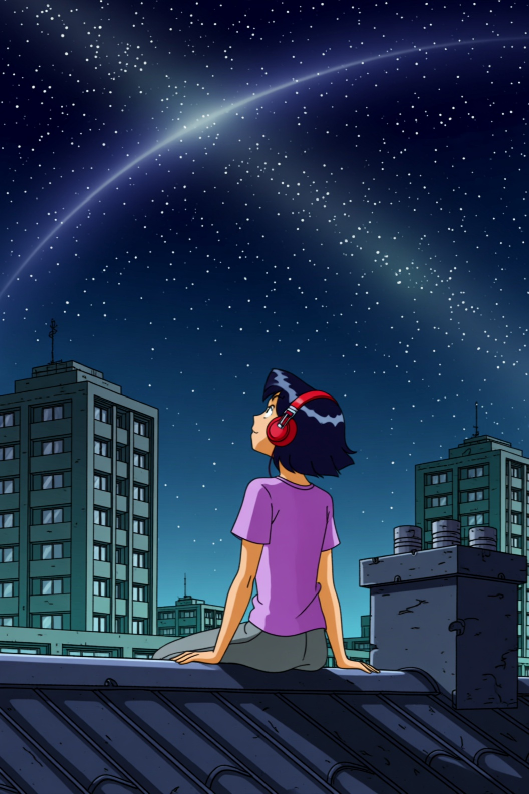 a cartoon style image of a solitary girl perched on a dark,  corrugated rooftop,  gazing upwards into a magnificent night...