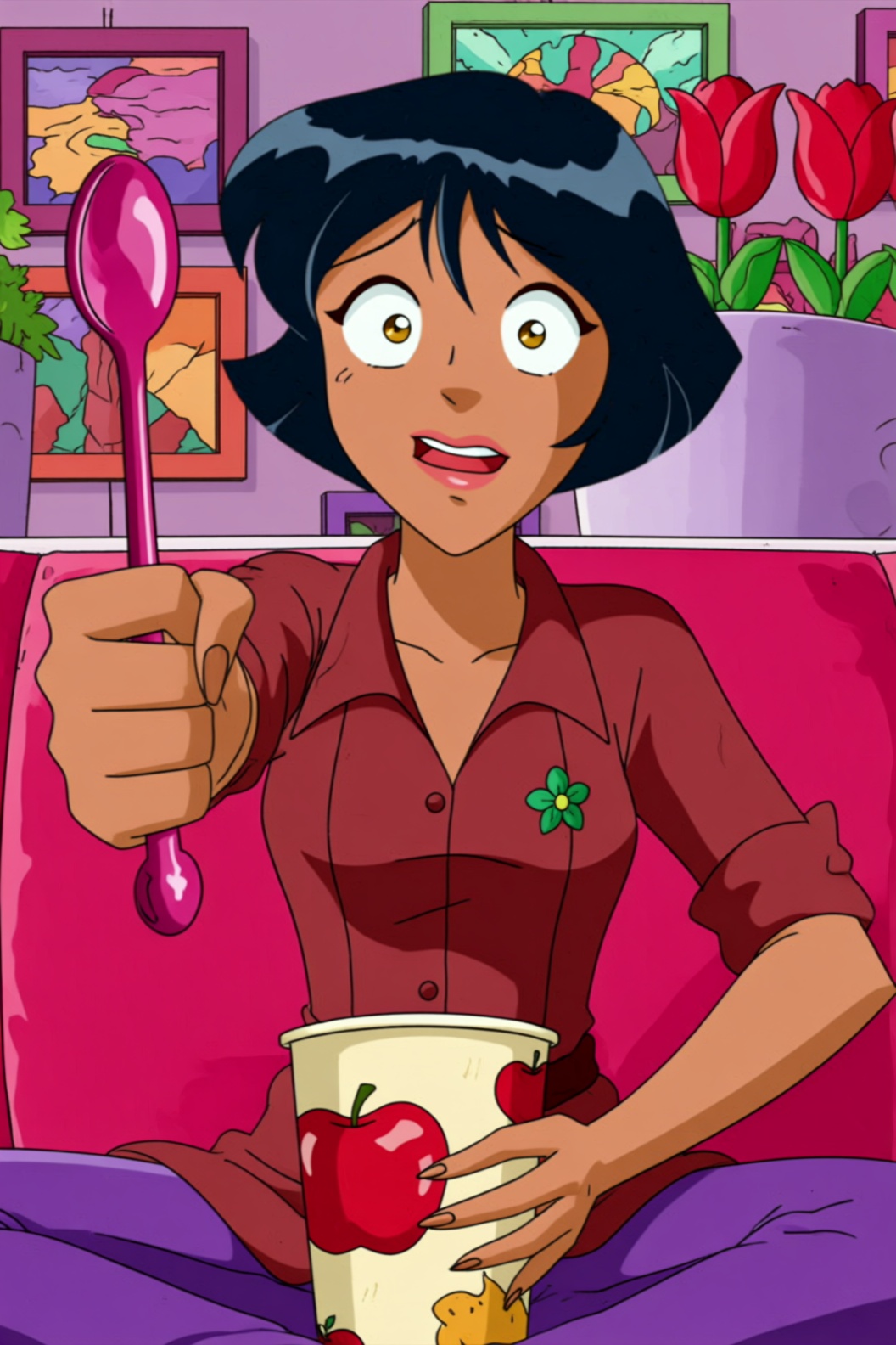 cartoon style image of a woman with short black hair and brown skin,  she has large open eyes and a slightly surprised or...
