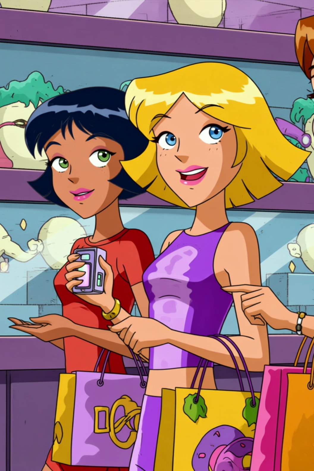 cartoon style image of two teenage girls,  likely from the show "Totally Spies,  " on a shopping trip. The girl in front h...