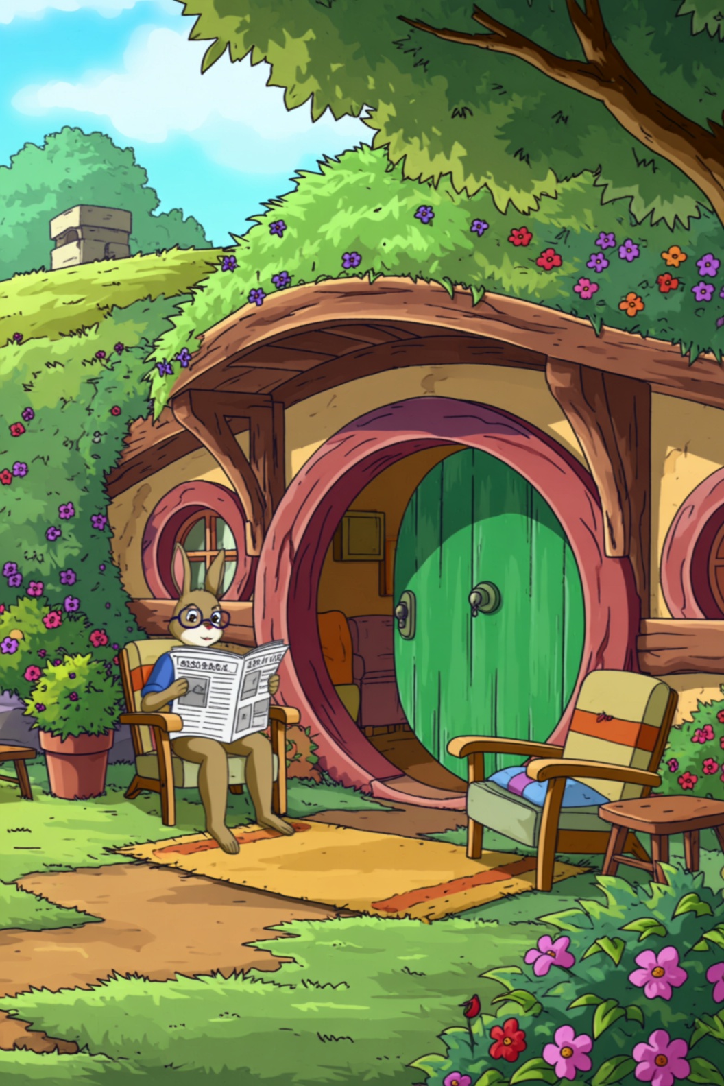 a cartoon style image of a cozy,  serene scene at the entrance of a round,  hobbit-like home. There is a rabbit sitting on...