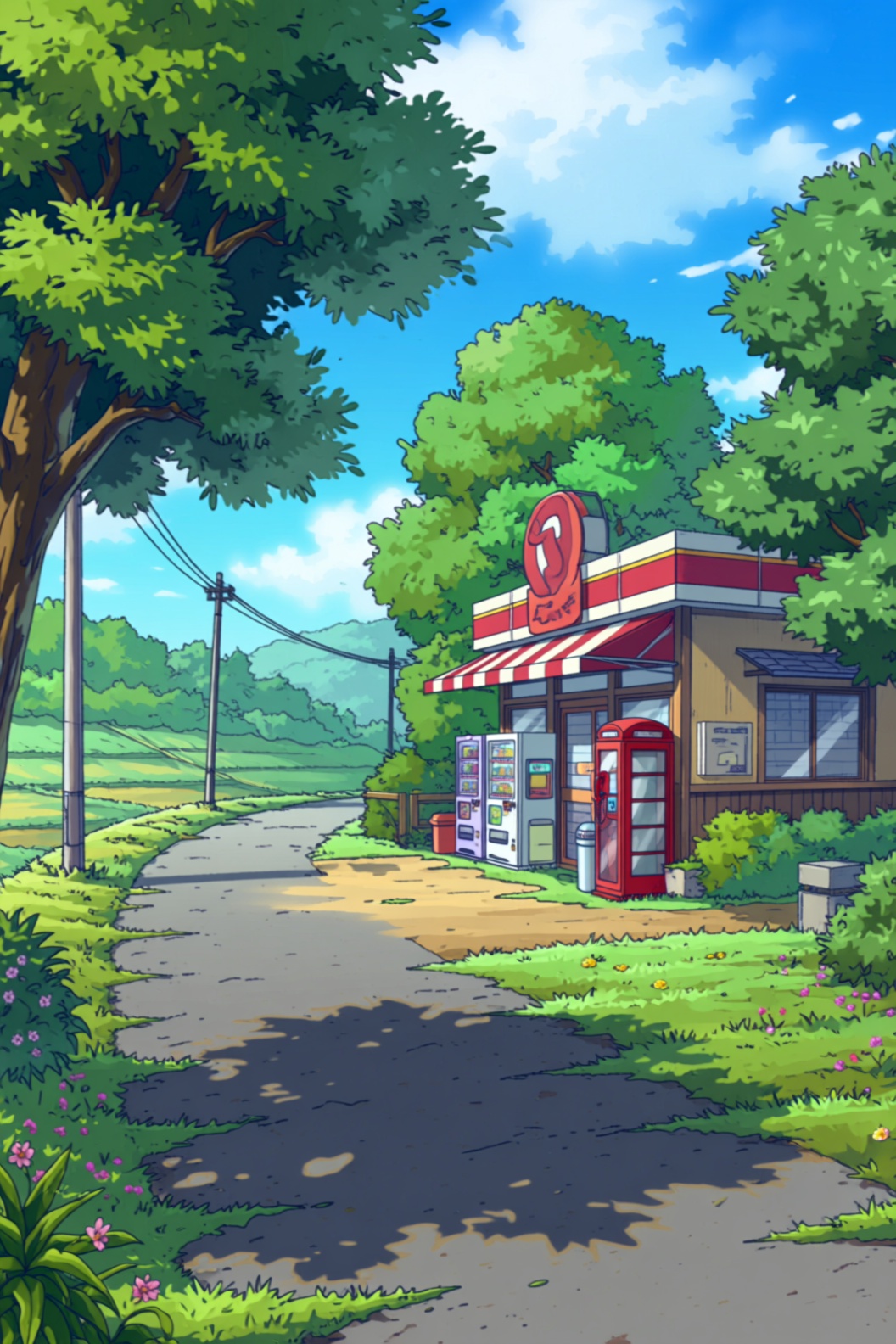cartoon style image of a quaint,  rural Japanese scene. The image features a small,  brightly colored convenience store si...