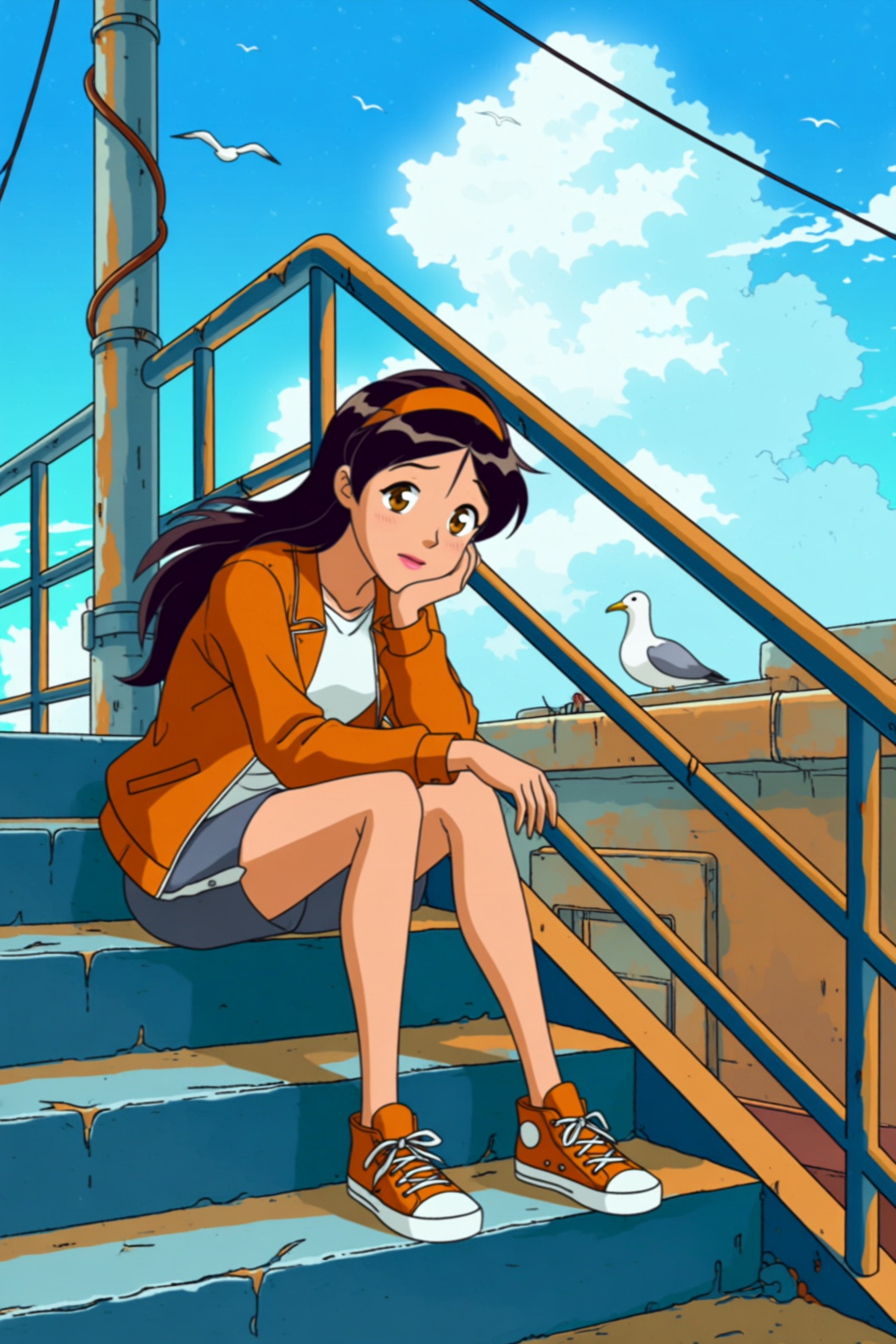 this cartoon style image depicts a young woman sitting on a blue and orange staircase,  set against a bright,  clear blue...