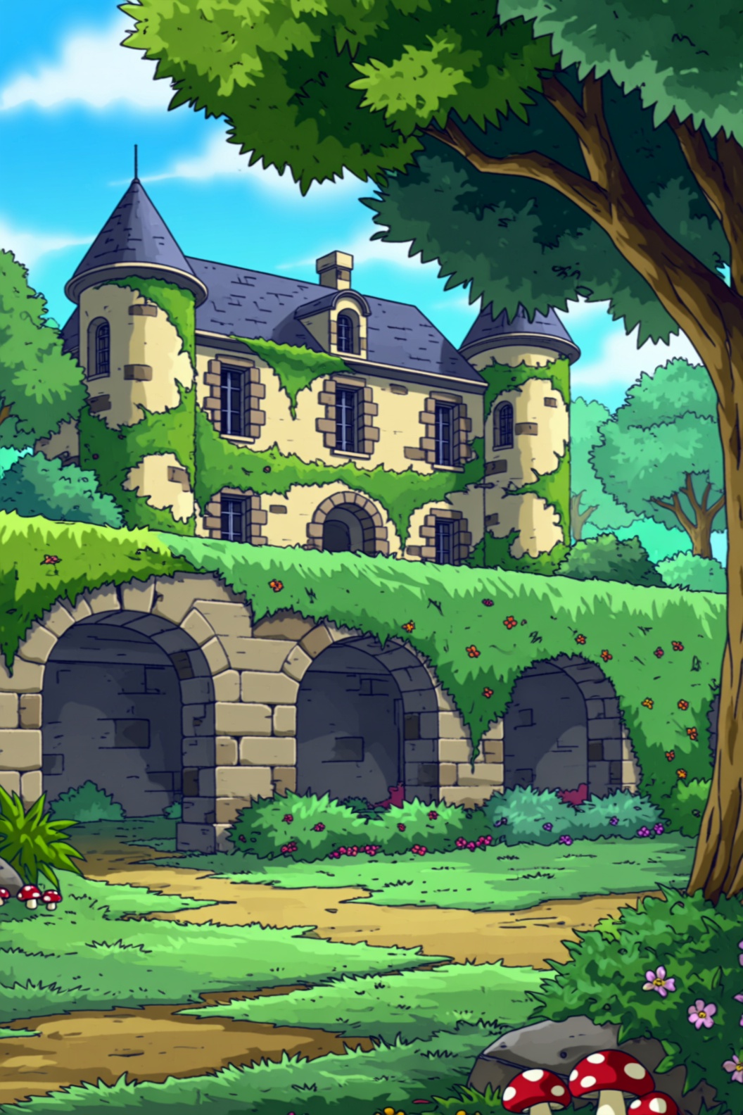 A cartoon style image of an old,  abandoned French château surrounded by lush greenery and a serene atmosphere. The buildi...