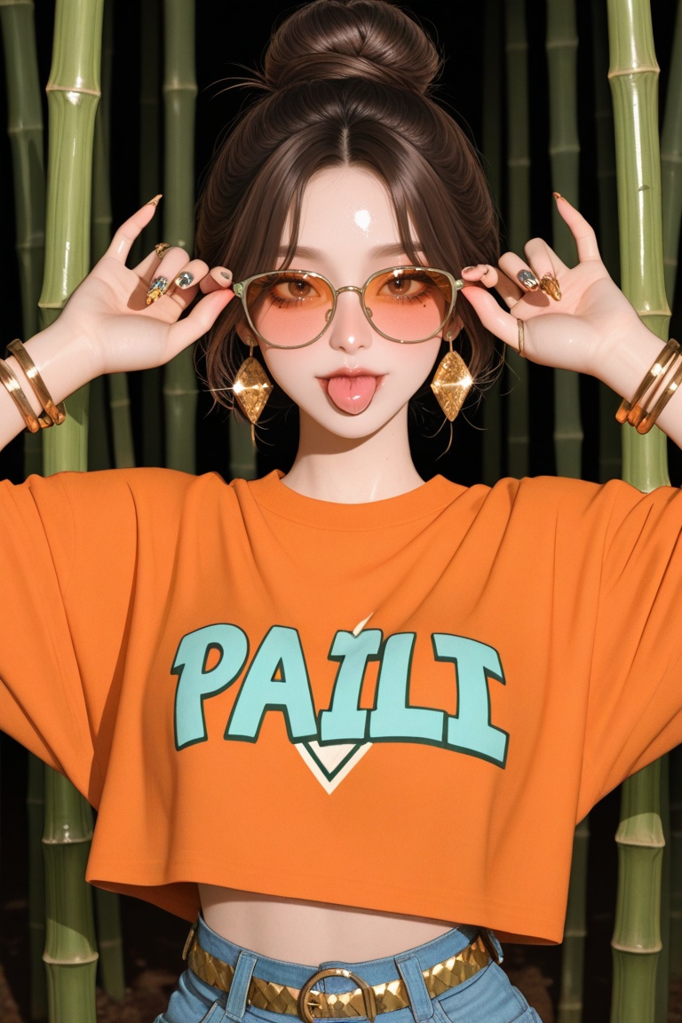 close-up portrait capturing the riotous energy of 90s Freaknik blended with high-fashion ghetto glamour. An Asian woman wi...