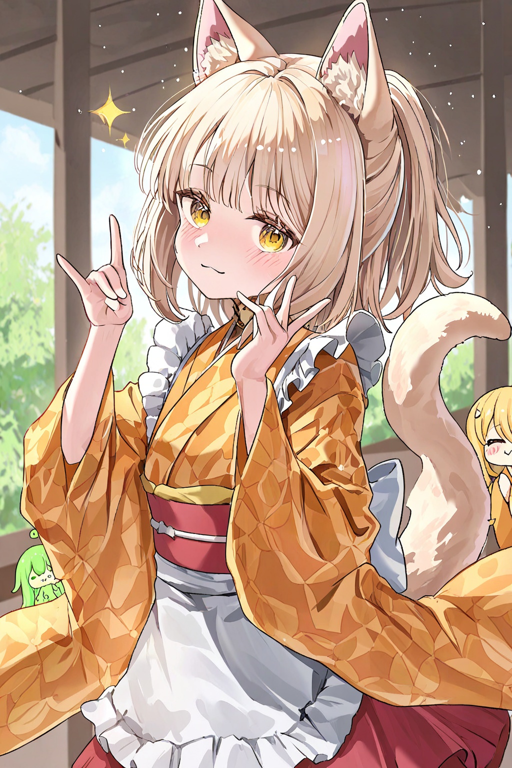 3girls, :3, animal ear fluff, animal ears, apron, blush, cat ears, cat girl, cat tail, closed mouth, fox shadow puppet, from side, japanese clothes, kimono, looking at viewer, maid, medium hair, monster girl, multiple girls, orange kimono, ponytail, red skirt, skirt, slime girl, smile, solo focus, tail, wa maid, waist apron, white apron, commentary request, wide shot