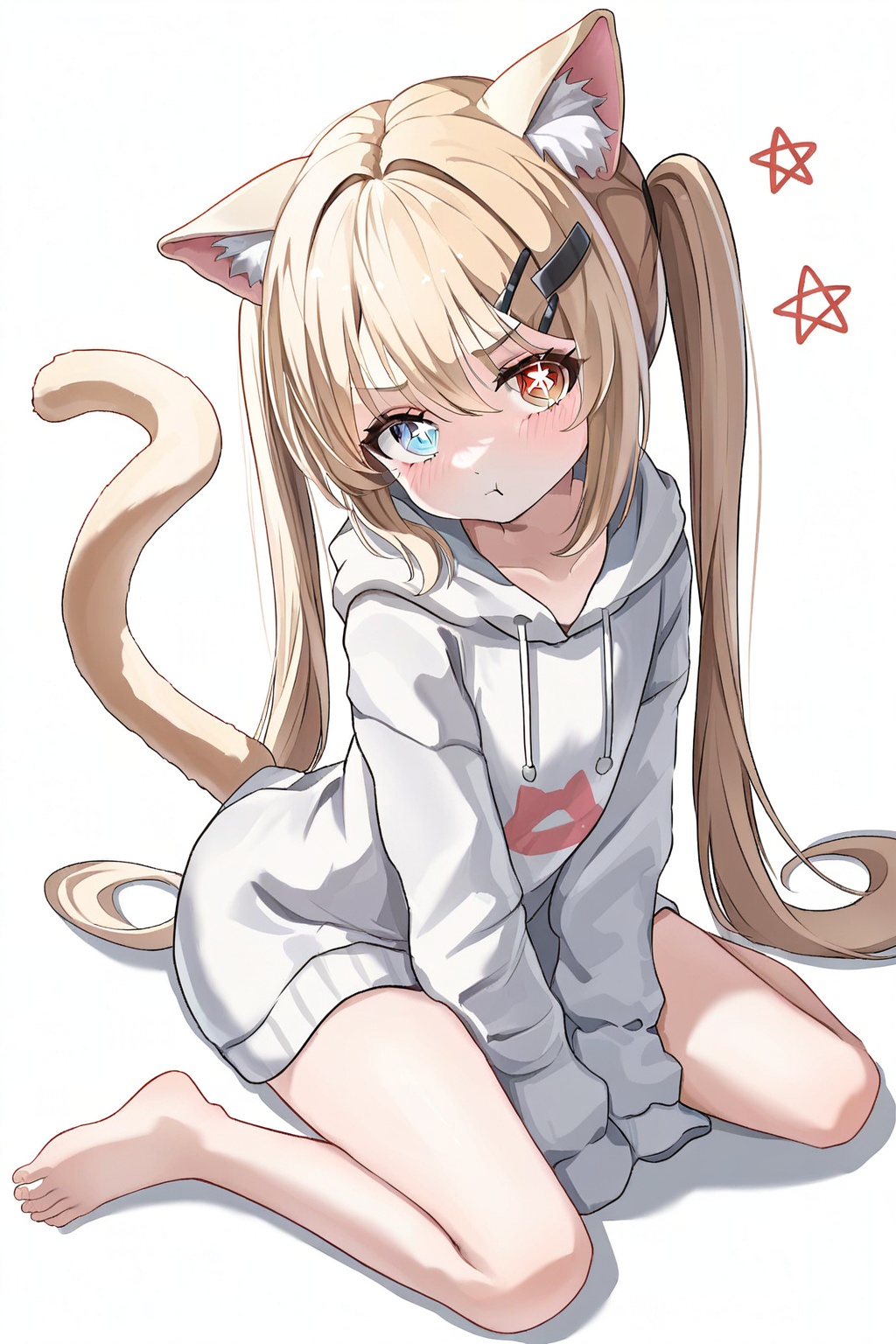 1girl, animal ear fluff, animal ears, barefoot, blue eyes, brown eyes, cat ears, cat girl, cat tail, closed mouth, eyebrows hidden by hair, flat chest, full body, hair between eyes, hair ornament, hairclip, heterochromia, hood, hoodie, light blush, long hair, looking at viewer, pout, red eyes, shadow, sleeves past fingers, sleeves past wrists, solo, star-shaped pupils, star (symbol), symbol-shaped pupils, tail, toes, twintails, very long hair, white background, white hoodie, absurdres, commentary request, highres, wide shot