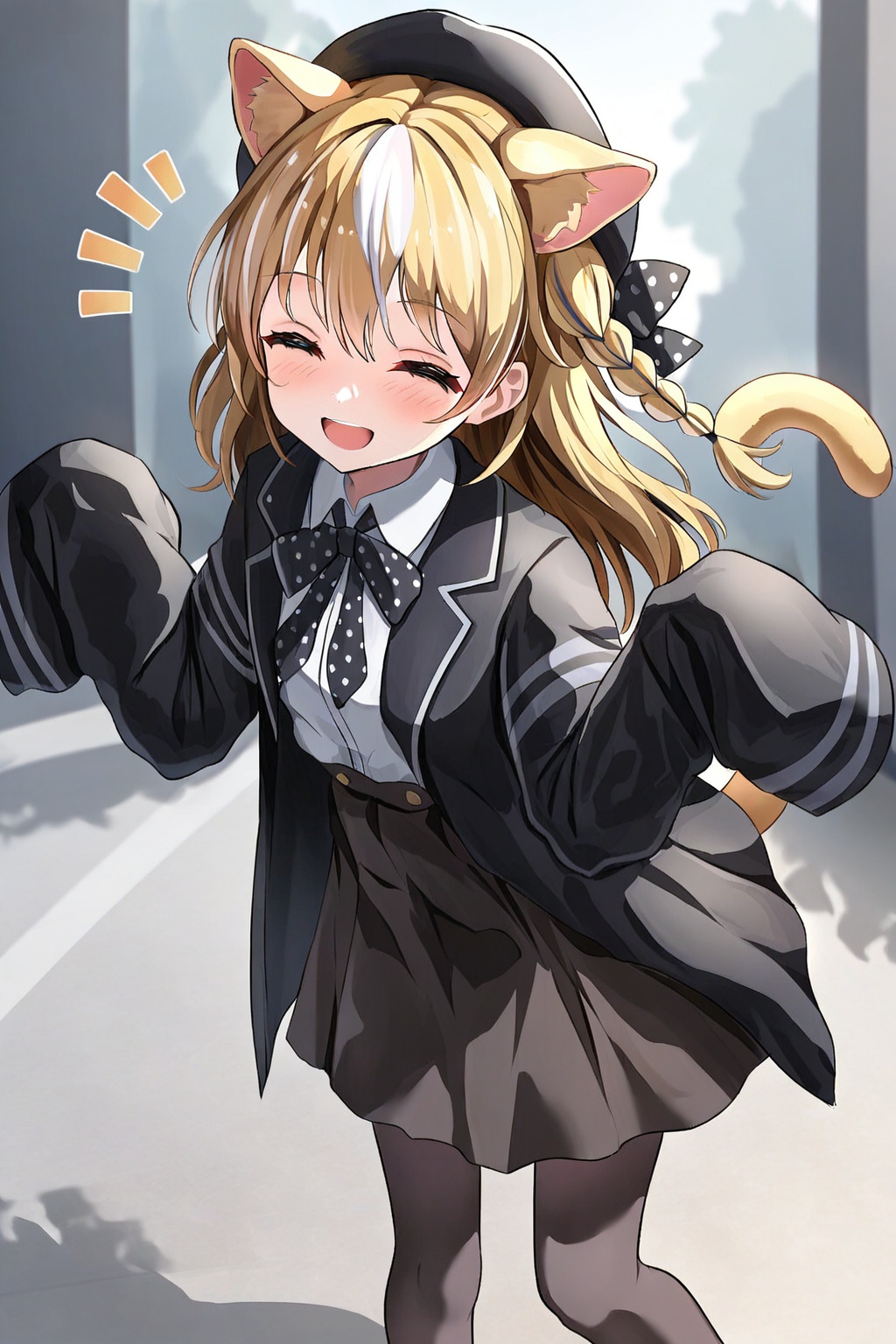 jogasaki noah, 1girl, :d, animal ears, beret, black jacket, black ribbon, black skirt, bow, cat ears, cat girl, cat tail, closed eyes, collared shirt, facing viewer, feet out of frame, hands up, hat, jacket, kemonomimi mode, long hair, long sleeves, multi-tied hair, multicolored hair, neck ribbon, notice lines, open mouth, pantyhose, polka dot, polka dot bow, ribbon, shirt, skirt, sleeves past fingers, sleeves past wrists, smile, solo, standing, streaked hair, tail, white hair, white shirt, absurdres, commentary request, highres, wide shot