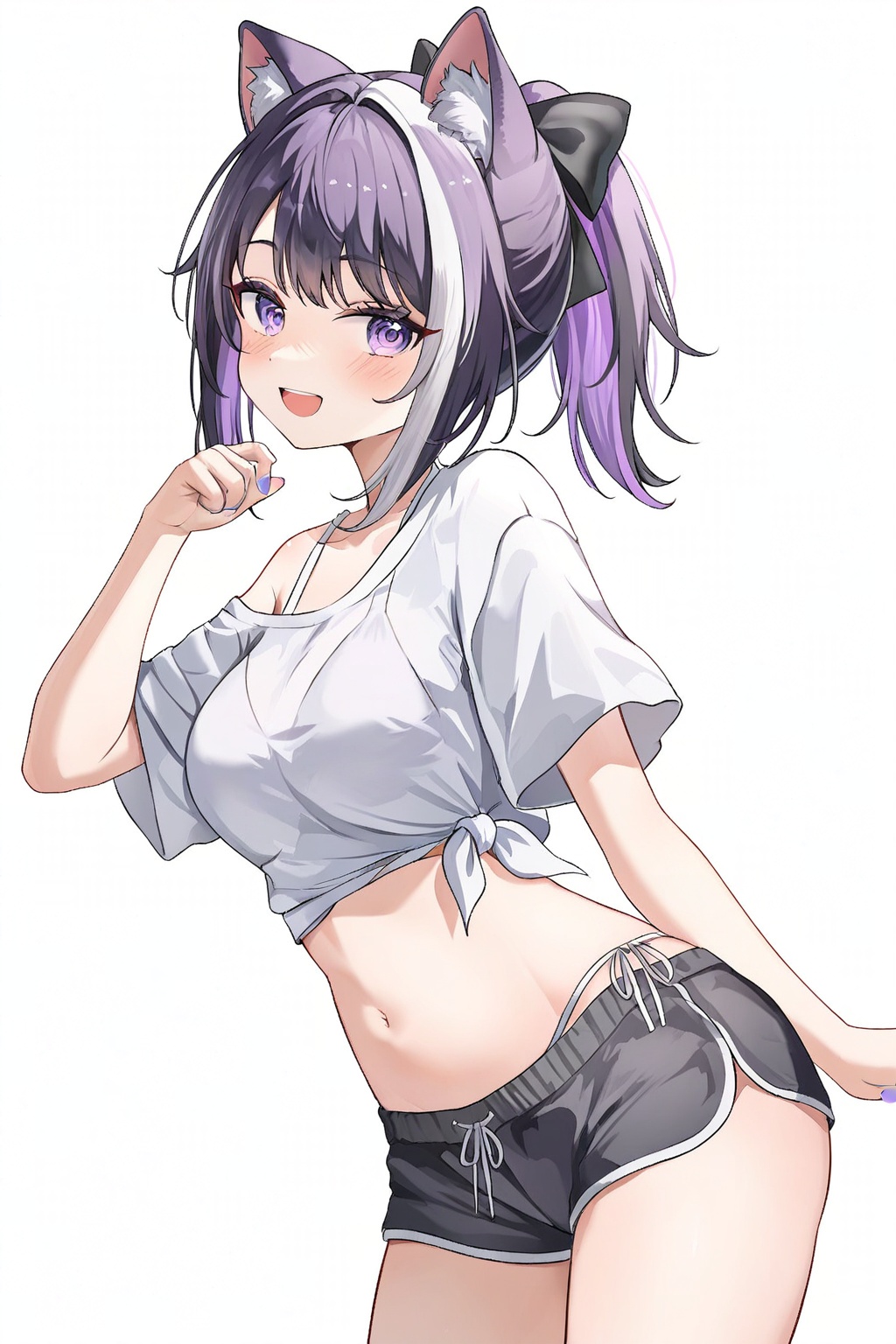 ayatsuno yuni, 1girl, animal ears, bikini, bikini under clothes, black shorts, bow, breasts, cat girl, cover image, cowboy shot, crop top, dolphin shorts, drawstring, hair bow, hand up, large breasts, long hair, looking at viewer, midriff, multicolored hair, nail polish, navel, off shoulder, open mouth, ponytail, purple eyes, purple hair, purple nails, shirt, short ponytail, short shorts, shorts, side-tie shirt, simple background, single bare shoulder, smile, solo, stomach, string bikini, swimsuit, two-tone hair, virtual youtuber, white background, white bikini, white hair, white shirt, absurdres, commentary, highres, wide shot