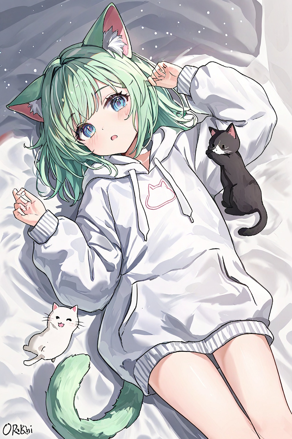 1girl, animal ears, artist name, blue eyes, cat, cat ears, cat girl, cat tail, green hair, hood, hoodie, long sleeves, looking at viewer, lying, medium hair, on back, open mouth, puffy long sleeves, puffy sleeves, tail, white cat, white hoodie, commentary request, commission, highres, skeb commission, wide shot
