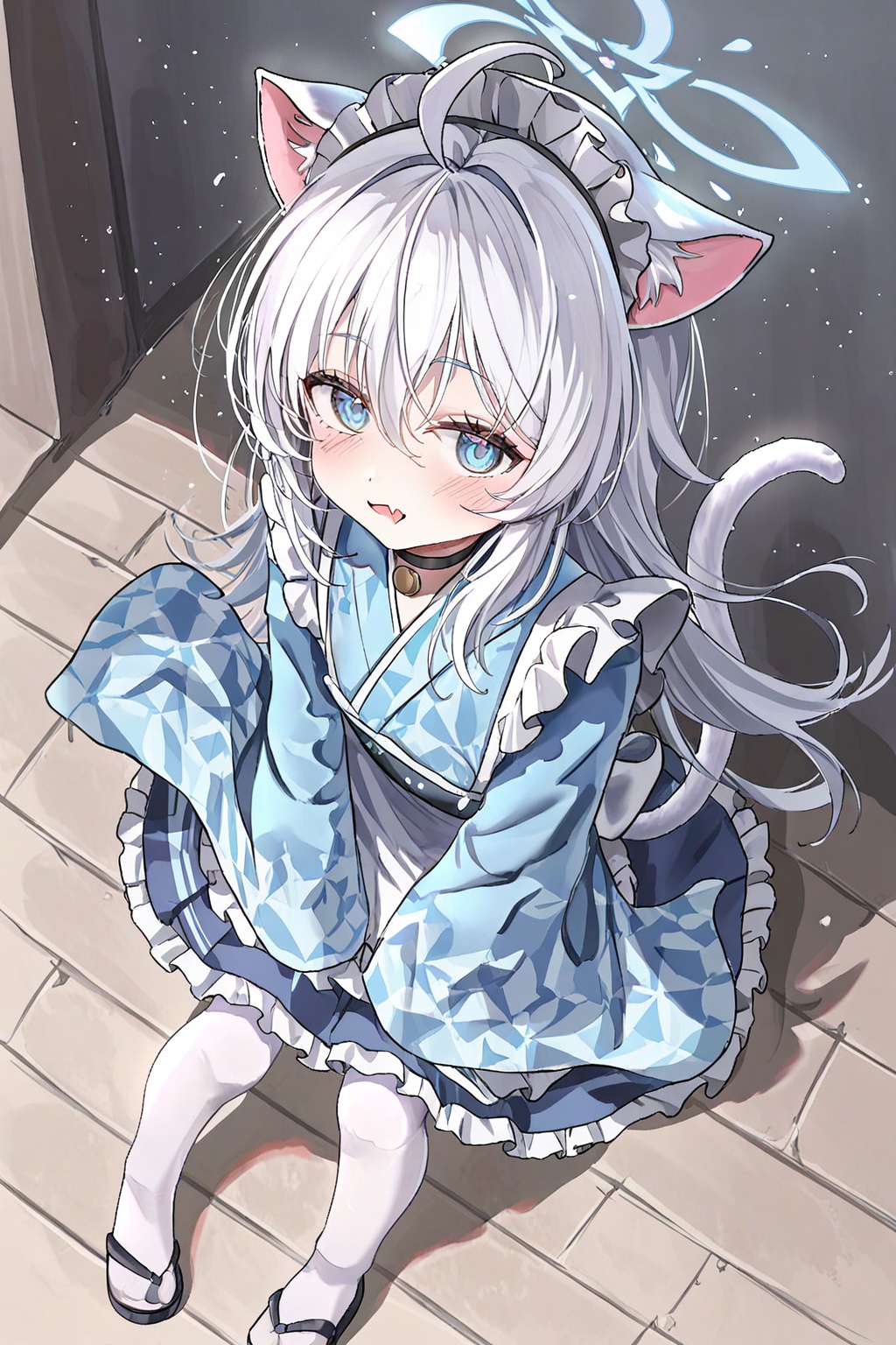 1girl, ahoge, animal ears, black choker, blue eyes, blue kimono, cat ears, cat girl, cat tail, choker, fang, frilled kimono, frills, japanese clothes, kimono, long hair, long sleeves, looking at viewer, maid, maid headdress, open mouth, pantyhose, sandals, skin fang, sleeves past wrists, solo, tail, wa maid, white hair, white pantyhose, commentary request, highres, wide shot