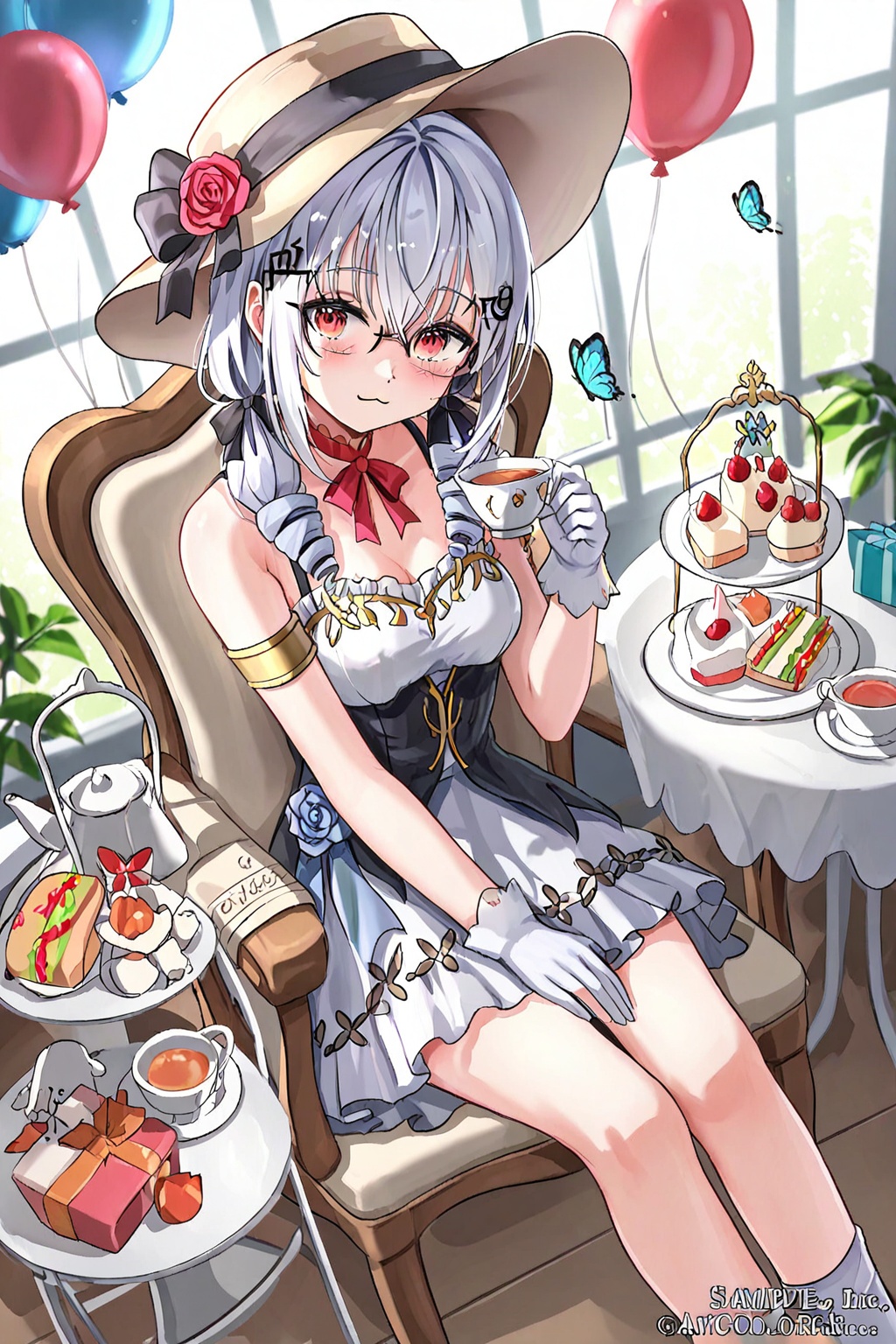 hakase fuyuki, hakase fuyuki (9th costume), 1girl, :3, armlet, balloon, blush, bow, box, breasts, bug, butterfly, cake, cake slice, cake stand, ceiling, chair, cherry, choker, collar, colored petticoat, cup, dress, flower, food, fruit, gift, gift box, glasses, gloves, hat, hat bow, hat flower, hat ribbon, holding, holding cup, indoors, jewelry, legs, legs together, looking at viewer, medium breasts, medium hair, picture frame, plant, red eyes, ribbon, ringlets, rose, sample watermark, sandwich, sitting, socks, solo, strawberry, table, teacup, teapot, virtual youtuber, watermark, white dress, white gloves, white hair, white socks, window, zoological specimen, absurdres, commentary request, highres, wide shot