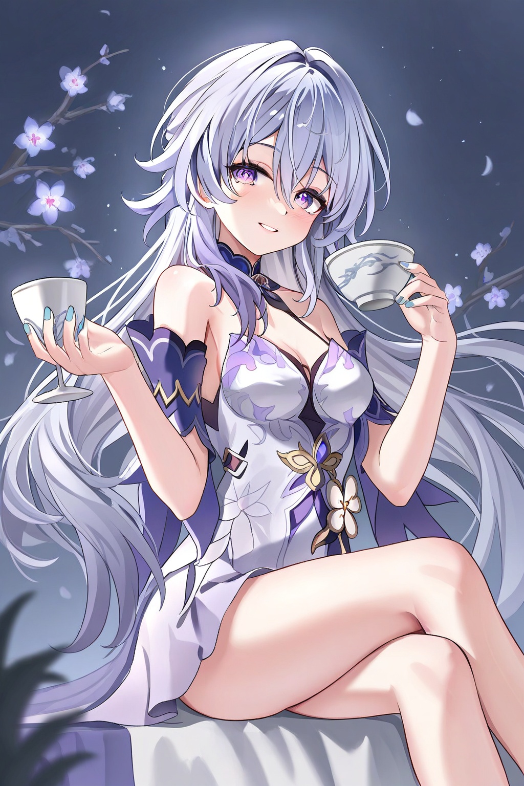 yao guang (honkai: star rail), 1girl, bare shoulders, blue nails, breasts, crossed legs, cup, dress, feet out of frame, fingernails, hair between eyes, hair intakes, hand up, holding, holding cup, looking at viewer, medium breasts, nail polish, parted lips, purple eyes, sitting, smile, solo, thighs, white dress, absurdres, commentary request, highres, wide shot
