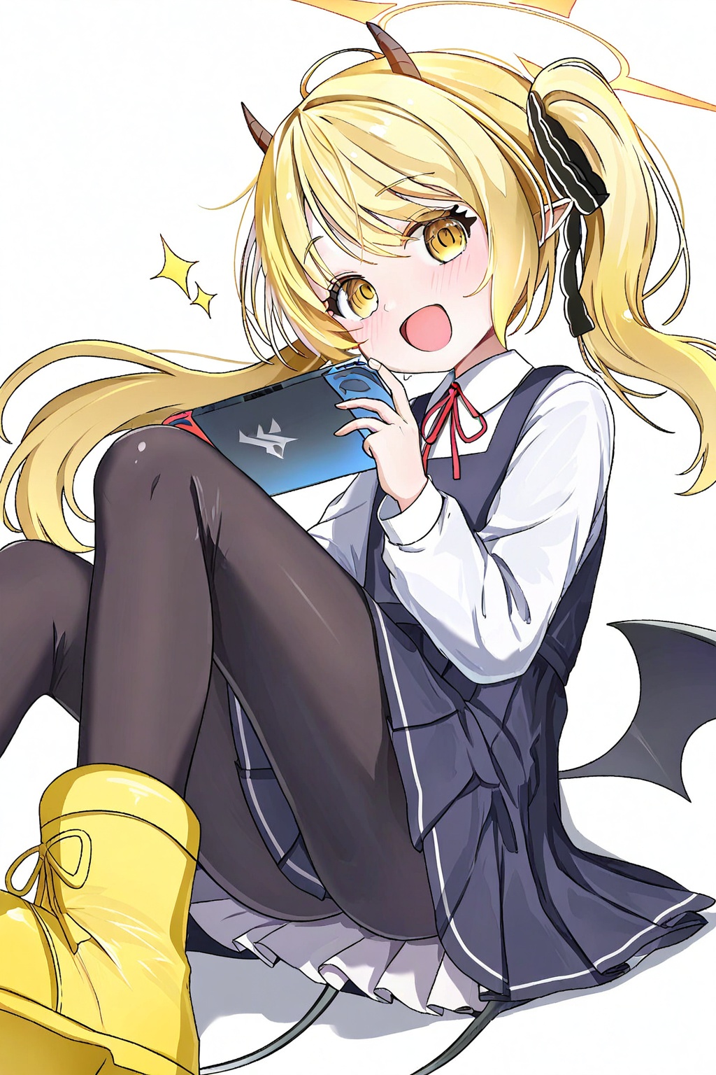 1girl, solo, ibuki (blue archive), :d, black horns, blonde hair, simple background, black ribbon, highres, light blush, pointy ears, ribbon, horns, absurdres, skirt, sleeveless, demon horns, open mouth, hair ribbon, dress, white background, yellow halo, boots, pinafore dress, sleeveless dress, yellow eyes, tail, pantyhose, yellow boots, nintendo switch, pleated skirt, black tail, commentary, halo, black pantyhose, smile, demon tail, looking at viewer