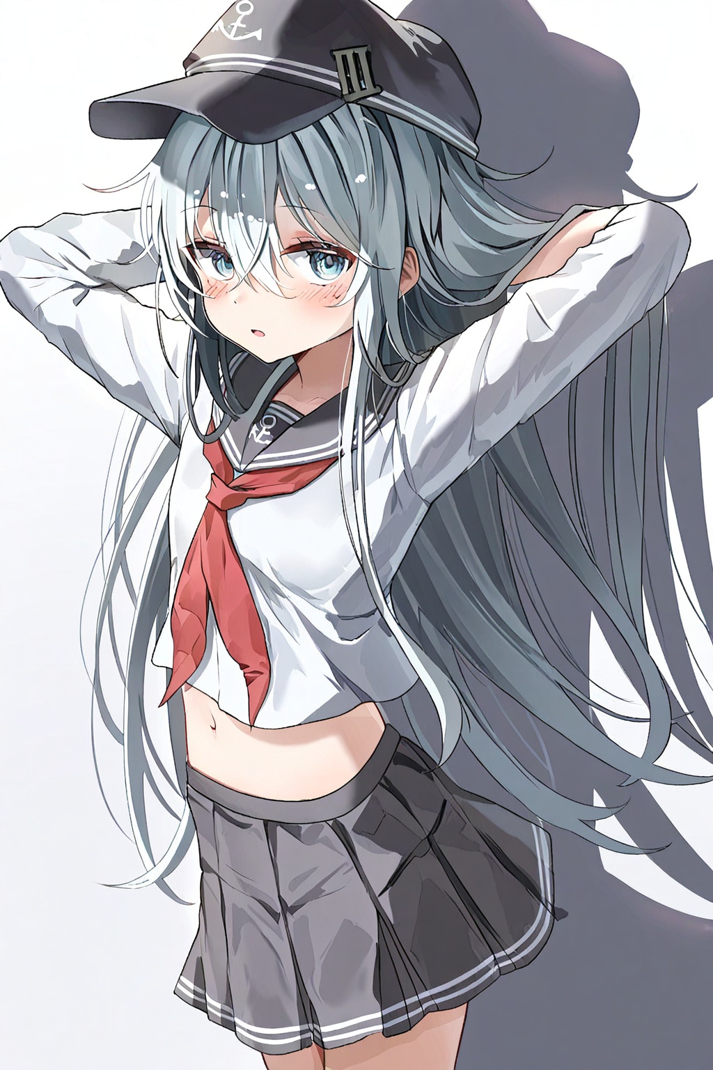1girl, solo, hibiki (kancolle), anchor symbol, arms behind head, hands in own hair, long hair, simple background, flat cap, black skirt, hat, red neckerchief, neckerchief, white background, school uniform, hair between eyes, hair lift, cowboy shot, shirt, absurdres, serafuku, midriff, crop top, open mouth, very long hair, highres, skirt, black sailor collar, commentary request, hand in own hair, long sleeves, black hat, pleated skirt, white shirt, sailor collar, blue eyes, grey hair, looking at viewer, blue hair, navel