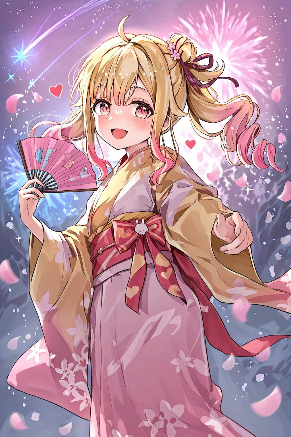 tenma saki, 1girl, :d, blonde hair, blurry, bokeh, depth of field, gradient hair, hair between eyes, hair ornament, hand fan, heart, holding, holding fan, japanese clothes, multicolored hair, official alternate costume, petals, pink eyes, pink hair, shooting star, sidelocks, smile, solo, sparkle, star (symbol), tenma-sanchi no hinamatsuri (project sekai), tongue, twintails, unicorn print, wide sleeves, winged unicorn, game cg, highres, official art, third-party source, wide shot