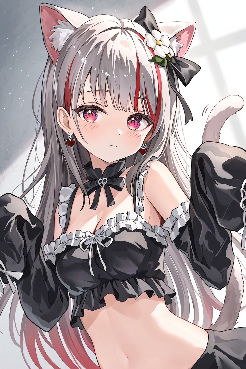 neneko mashiro, 1girl, animal ear fluff, animal ears, black bow, black shirt, bow, breasts, cat earrings, cat ears, cat girl, cat tail, cleavage, closed mouth, crop top, earrings, flower, frilled shirt, frilled straps, frills, grey hair, hair bow, jewelry, long hair, medium breasts, multicolored hair, multiple hair bows, red eyes, red hair, shirt, sleeves past fingers, sleeves past wrists, solo, streaked hair, tail, virtual youtuber, white flower, commentary, highres