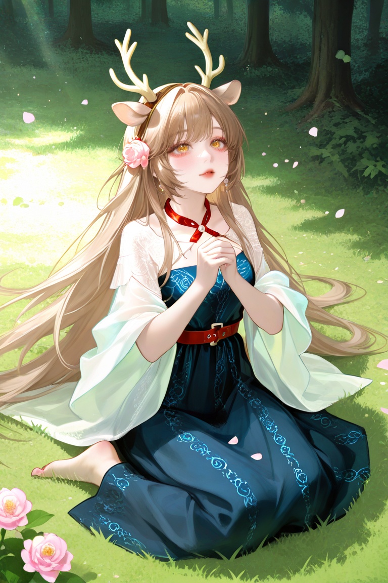 High-definition portrait photo: a young girl with long brown hair and straight bangs. She has light brown antlers on the t...