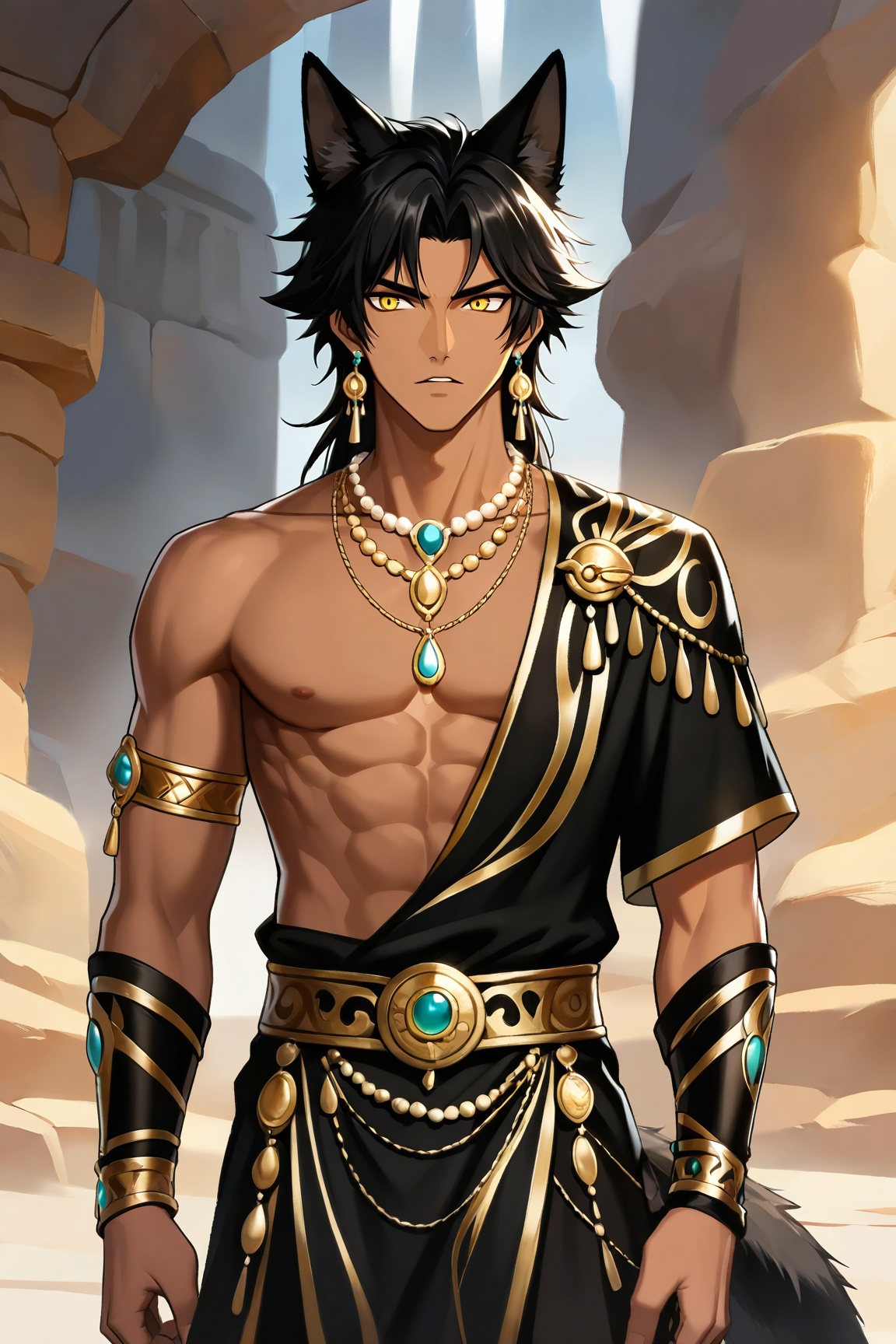 1boy,Mo Yu,black hair,earrings,yellow eyes,tail,dark skin,black pants,necklace,belt,jackal ears,jewelry,Egyptian clothing,portrait