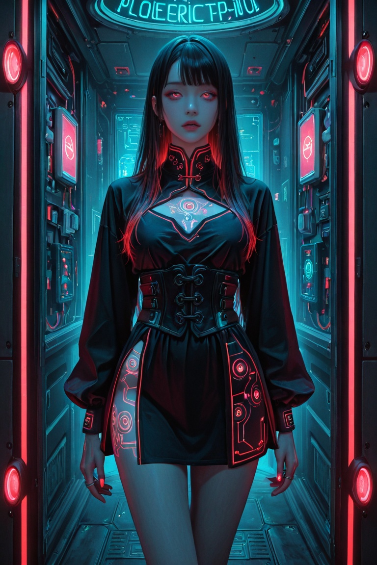 Neon ethereal cyberpunk digital artwork,  young woman with blue-black liquid-like cybernetic long hair (flowing with neon...