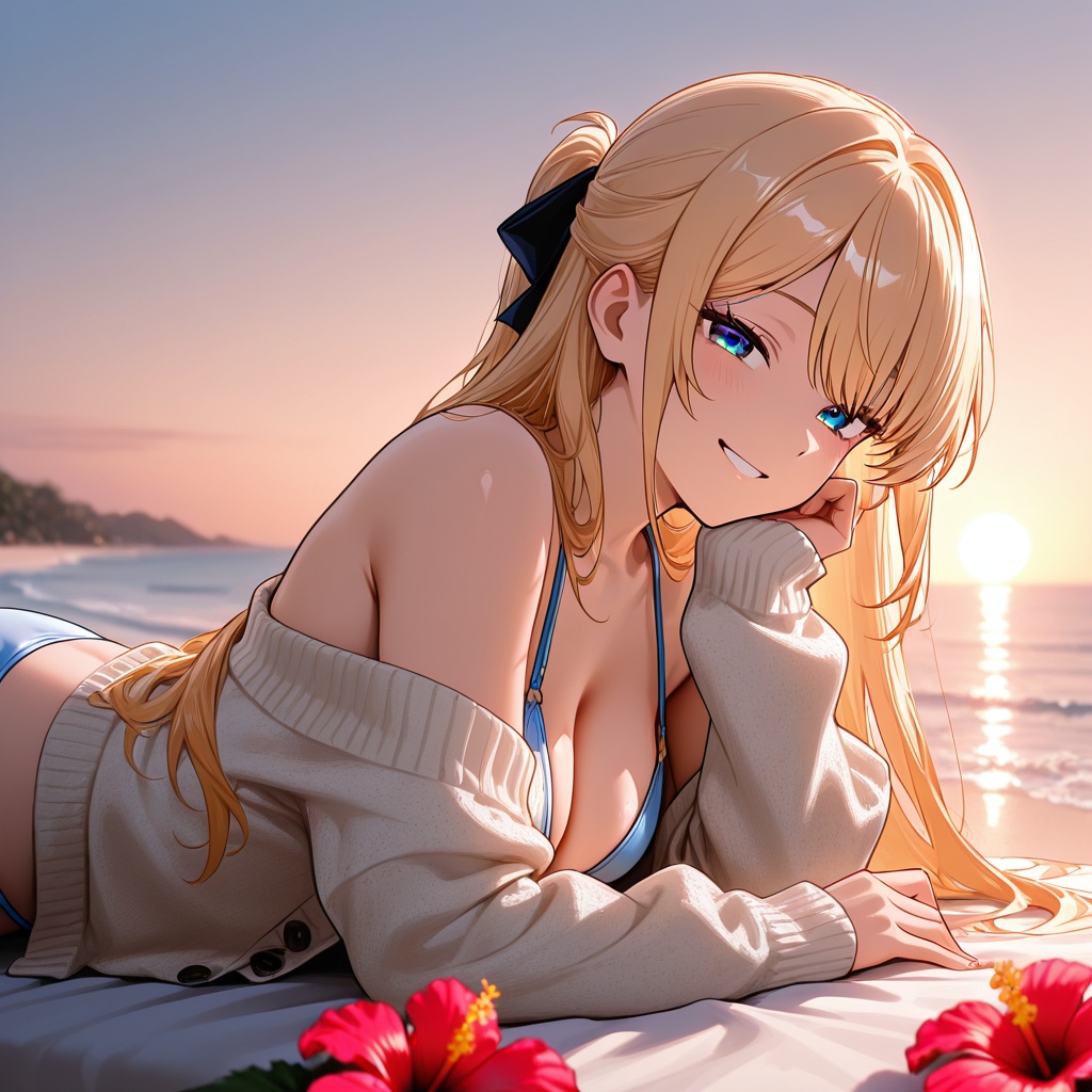 1 girl,  beach bed,  half-up x honey blonde on Tensor.Art