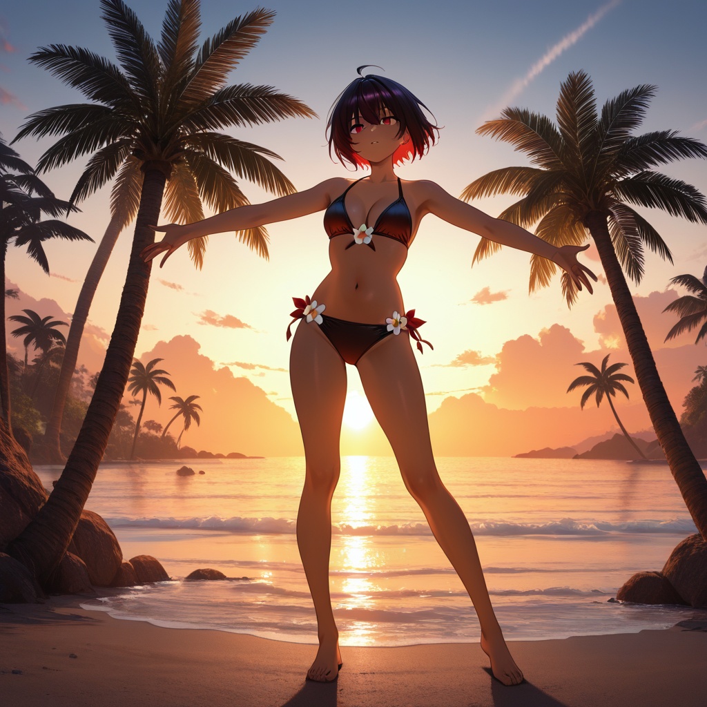 1 girl,  sunset rocky area,  short hair x cherry red on Tensor.Art