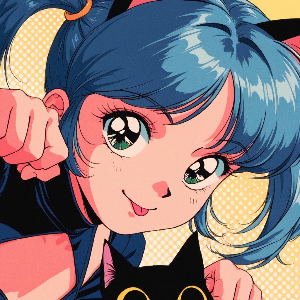 １girl、retro pop art cat girl,  twin tails hairstyle,  cyan blue hair on Tensor.Art