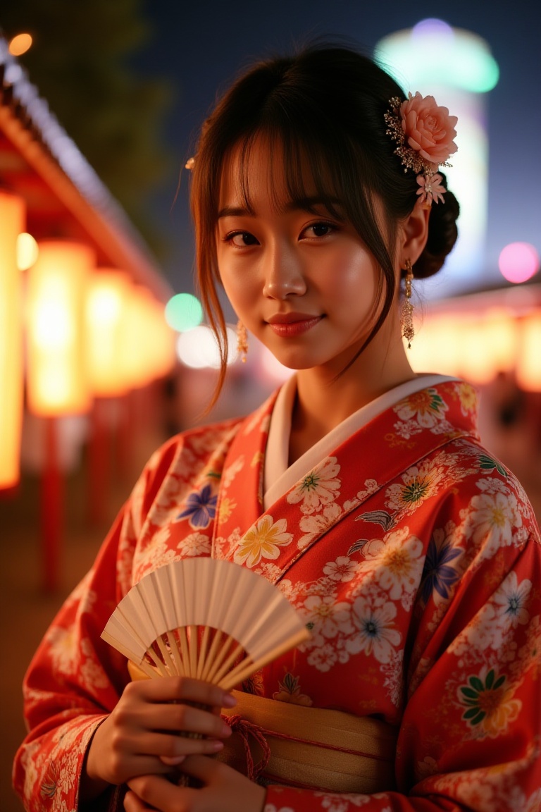 Elegant Japanese teenage girl wearing colorful summer yukata with floral patterns,  standing at traditional fireworks fest...