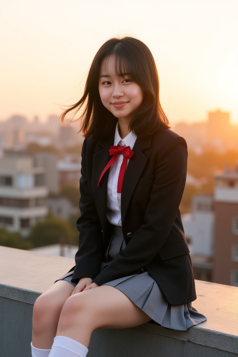 Hyperrealistic photo of Japanese teenage girl in modern school blazer uniform,  sitting on concrete rooftop edge at sunset...