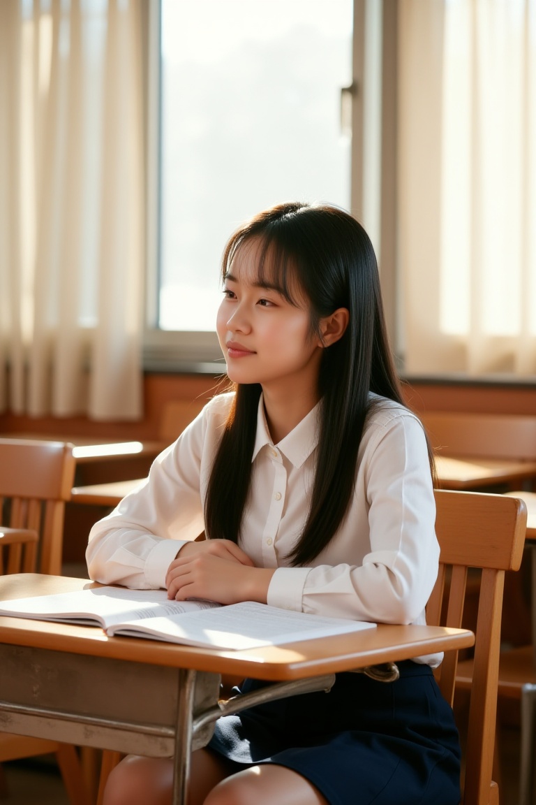 Photorealistic image of Japanese high school girl in classroom,  late afternoon sunlight streaming through windows,  weari...