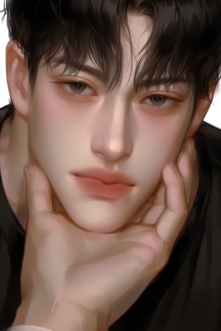 black hair, male focus, 1boy, white background, looking at viewer, solo focus, simple background, black shirt, shirt, short hair, hand on another's chin, bangs, black eyes, hand on another's face, closed mouth, pov