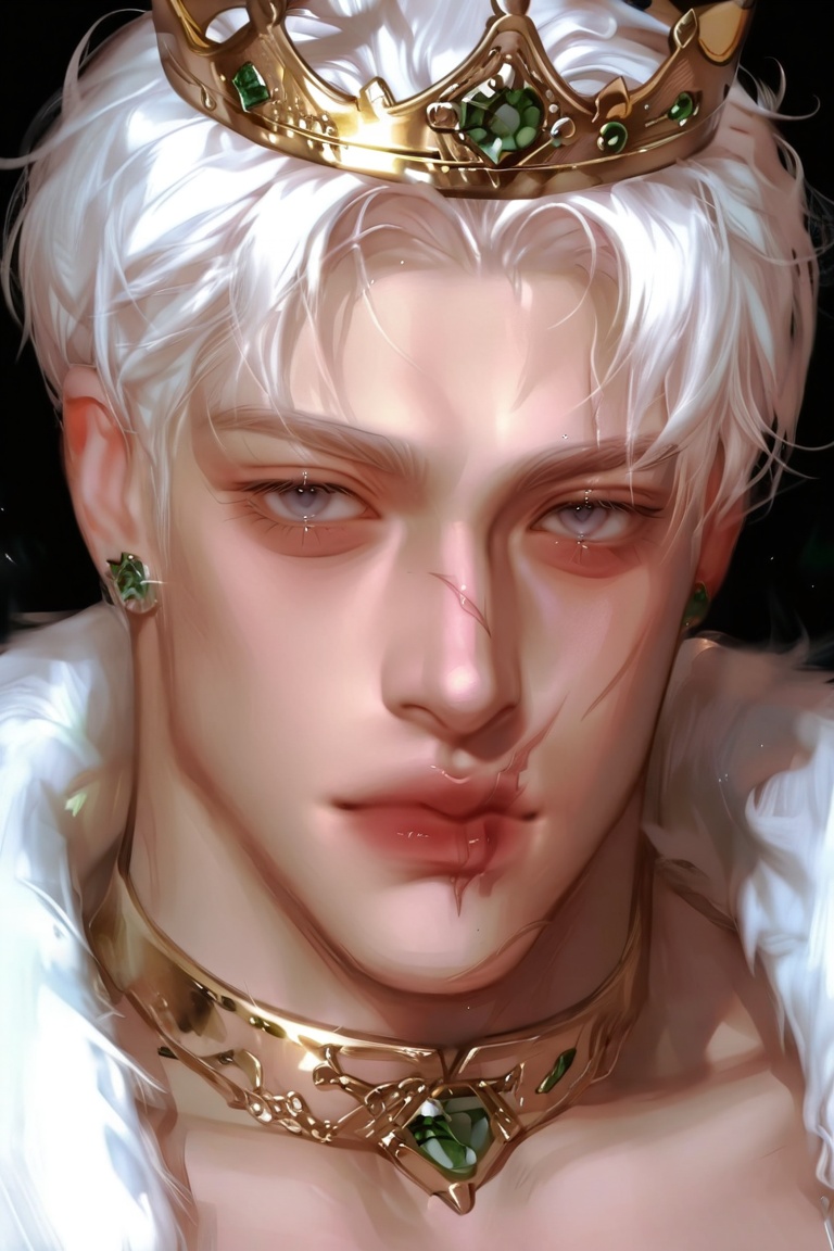 1boy, solo, male focus, jewelry, blue eyes, scar, earrings, crown, scar on face, looking at viewer, portrait, white hair, black background, short hair, gem, closed mouth, gold, realistic, simple background, eyelashes