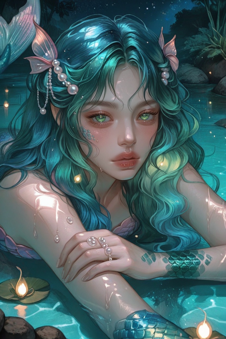 solo, 1girl, mermaid, blue hair, green hair, multicolored hair, wavy hair, long hair, underwater, partially submerged, lagoon, water, starry sky, reflection on water, night, moonlight, looking at viewer, seductive gaze, scales, iridescent scales, fish tail, glowing, pearl hair ornament, beads in hair, droplets on skin, wet skin, detailed skin, fireflies, glowing insects, hovering, mist, soft lighting, dreamy atmosphere, upper body