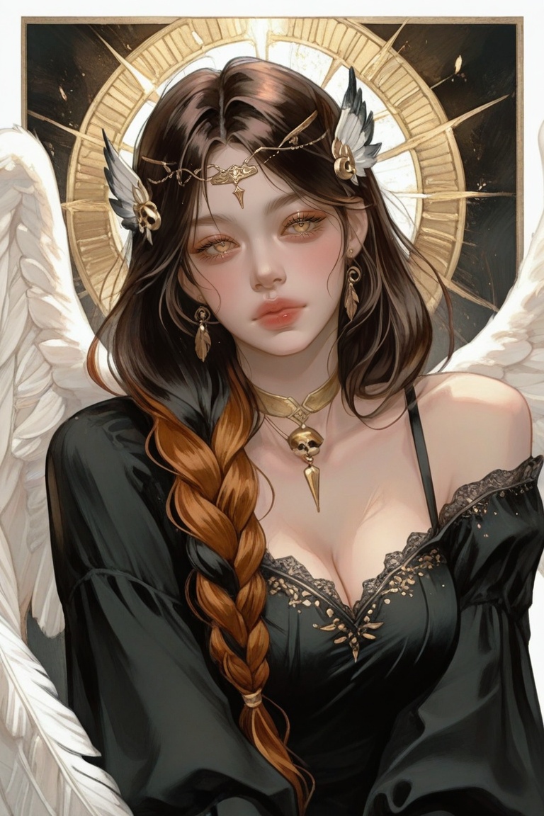 masterpiece, 1girl, wings, long hair, gold eyes, braid, feathered wings, angel wings, black hair, white wings, single braid, brown hair, off shoulder, breasts, cleavage, multicolored hair, eyelashes, parted bangs, multiple wings, bird wings, single wing, dress, earrings, black dress, long sleeves, circlet, hair ornament, flower, angel, solo, facing viewer, upper body, border, skull, halo, jewelry, closed mouth, spread wings, feathers