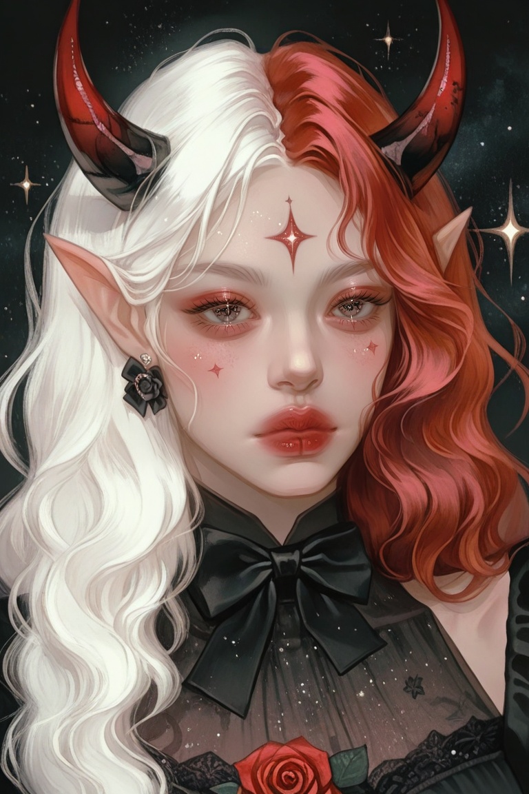 female focus, sparkle, 1girl, long hair, pointy ears, wavy hair, makeup, red hair, third eye, forehead mark, portrait, looking at viewer, white tips hair, starry eyes, eyelashes, lips, shirt, earrings, black dress, dress, flower, red rose, rose, bow, solo, cowboy shot, horns, red flower, red lips, black bow, closed mouth, gradient horns, facial mark, black bowtie, jewelry
