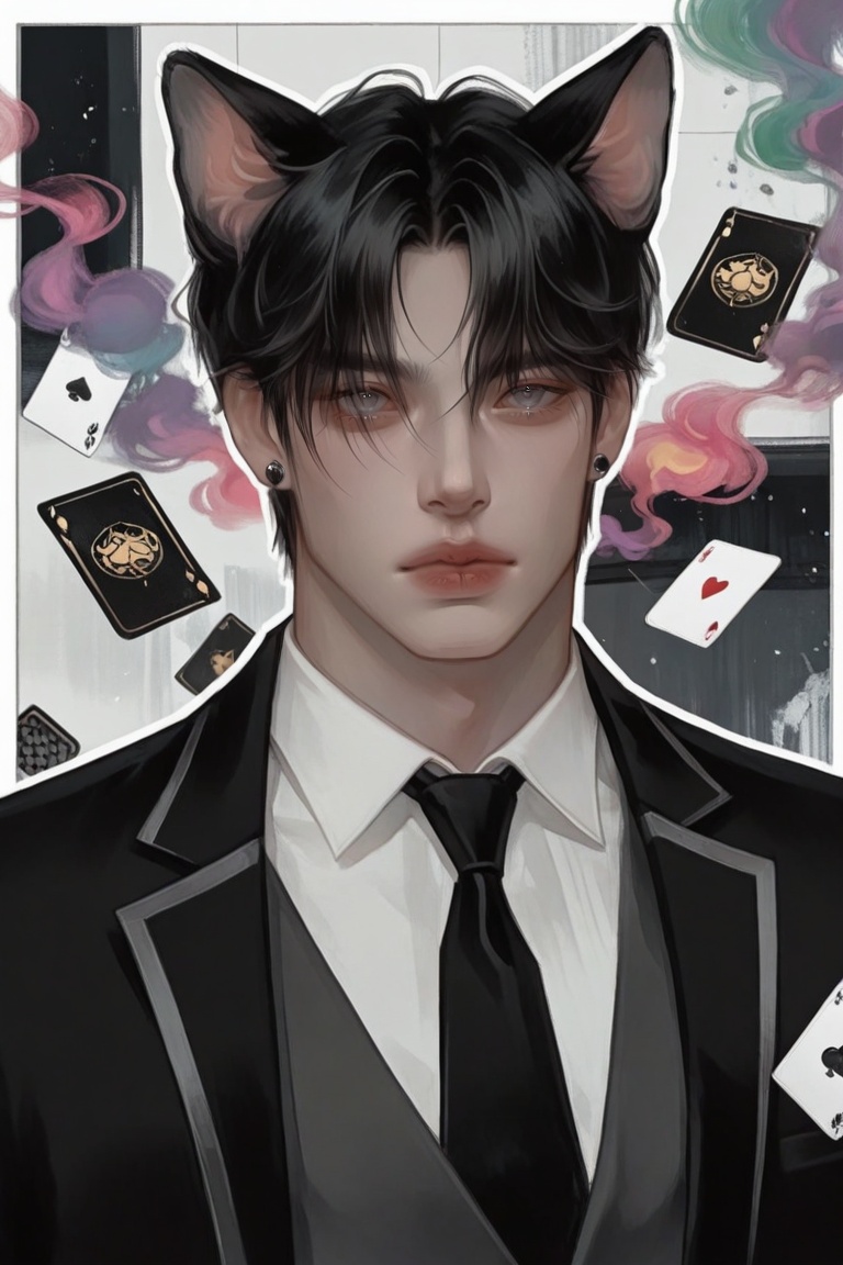 1boy, animal ears, black hair, black jacket, black necktie, cat boy, cat ears, closed mouth, earrings, thick white outline, eyes visible through hair, floating card, colorful theme, vibrant colors, grey eyes, hair over one eye, jacket, jewelry, standing, smoke, rainbow smoke, looking at viewer, male focus, necktie, parted bangs, shirt, short hair, solo, suit jacket, upper body, white shirt