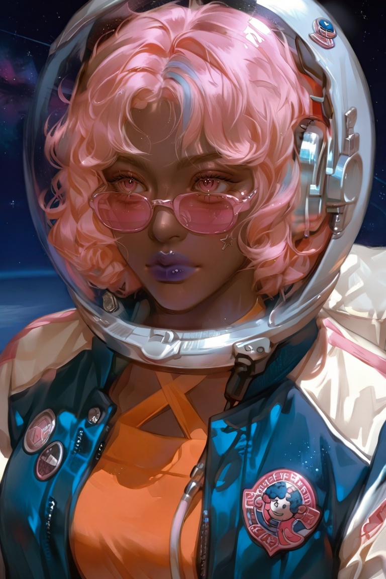 1girl, afro, badge, blue background, blue hair, blue jacket, blue lips, closed mouth, criss cross halter, curly hair, dark skin, fishbowl helmet, glasses, halterneck, headphones, helmet, jacket, letterman jacket, multicolored hair, night, night sky, open clothes, open jacket, orange eyes, orange hair, orange shirt, pin, pink tinted eyewear, pink eyes, pink hair, ringed eyes, shirt, short hair, sky, solo, space, space helmet, star sky, star on cheek, starry sky, streaked hair, striped clothes, striped jacket, tinted eyewear, upper body, very dark skin