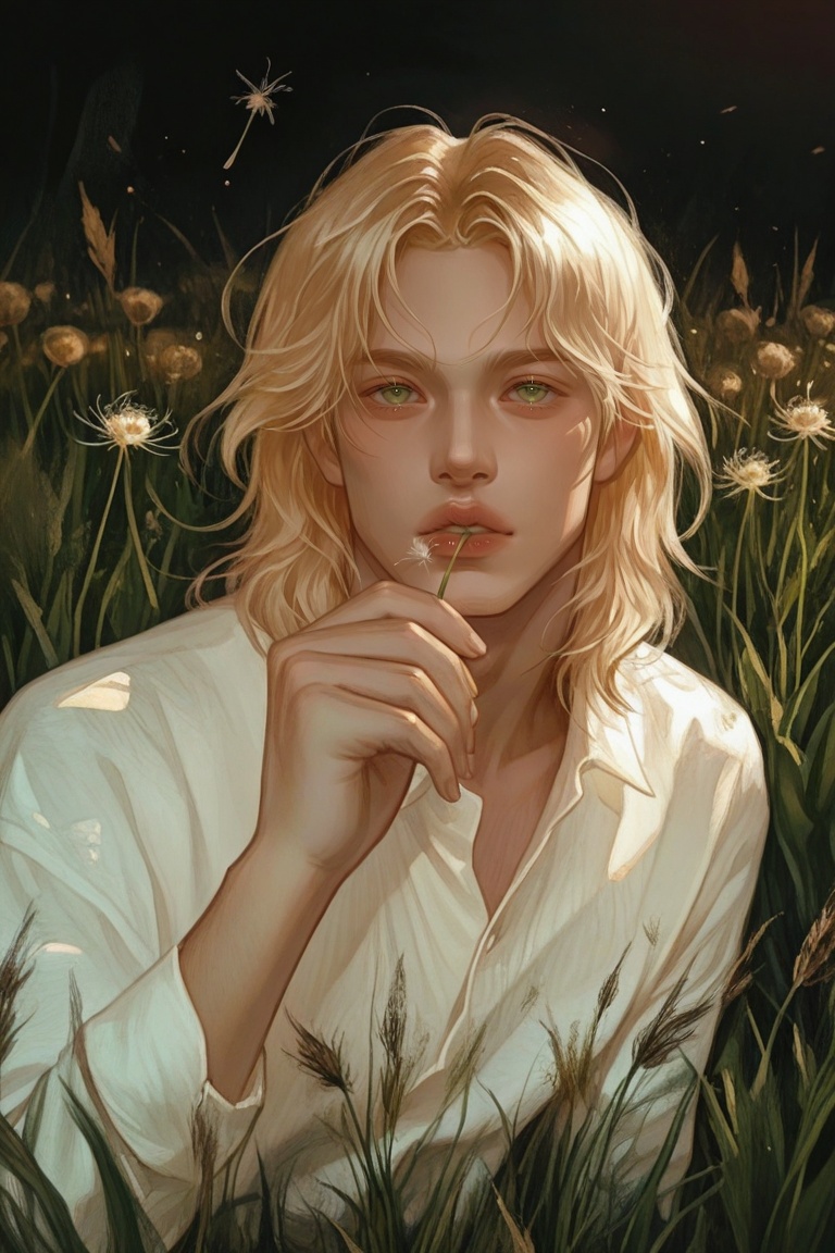 solo, 1boy, dynamic pose, looking at viewer, detailed background, dark theme, red neon, half body, blowing dandelion, blonde hair, medium hair, soft waves, light green eyes, field dandelions, flowers, dandelions, loose white shirt, wild grass field, golden hour, floating dandelion seed